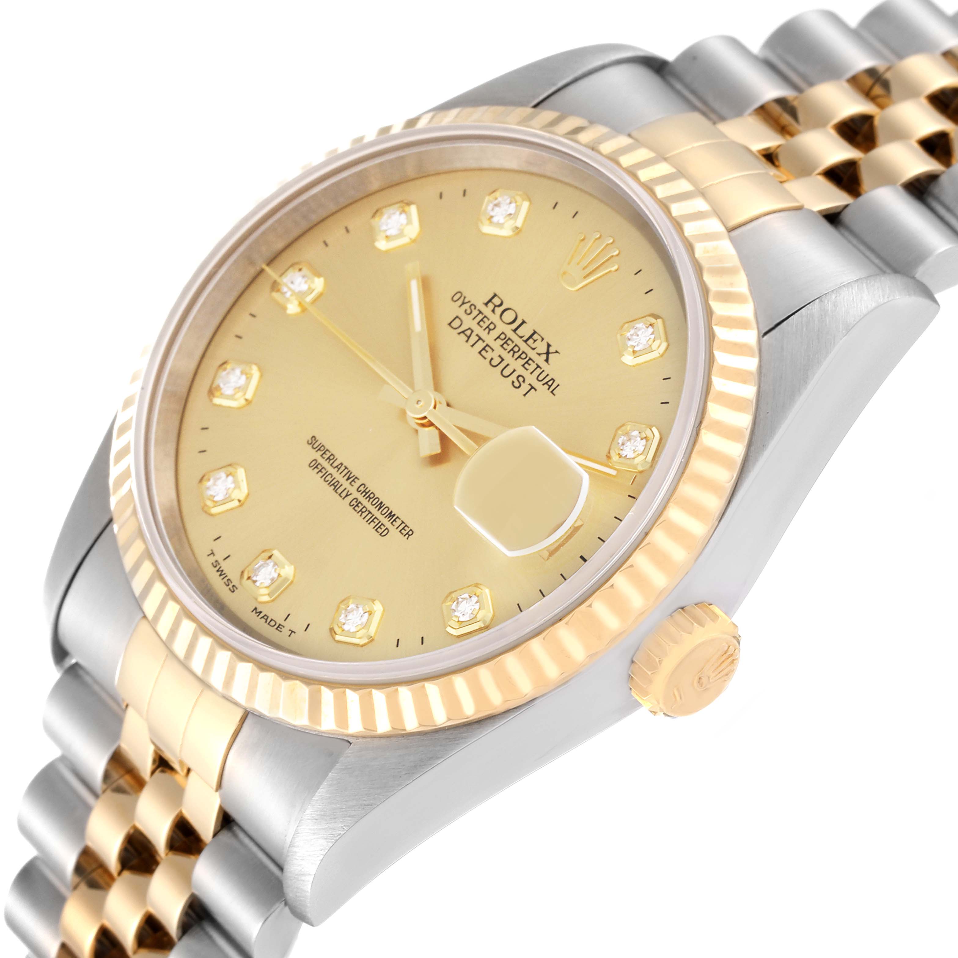 The image shows a Rolex Datejust 16233 Men's Steel and Gold (two tone) Champagne Dial 16233 Men's Steel and Gold (two tone) Champagne Dial watch angled slightly from the top side, highlighting the dial, bezel, and part of the bracelet.