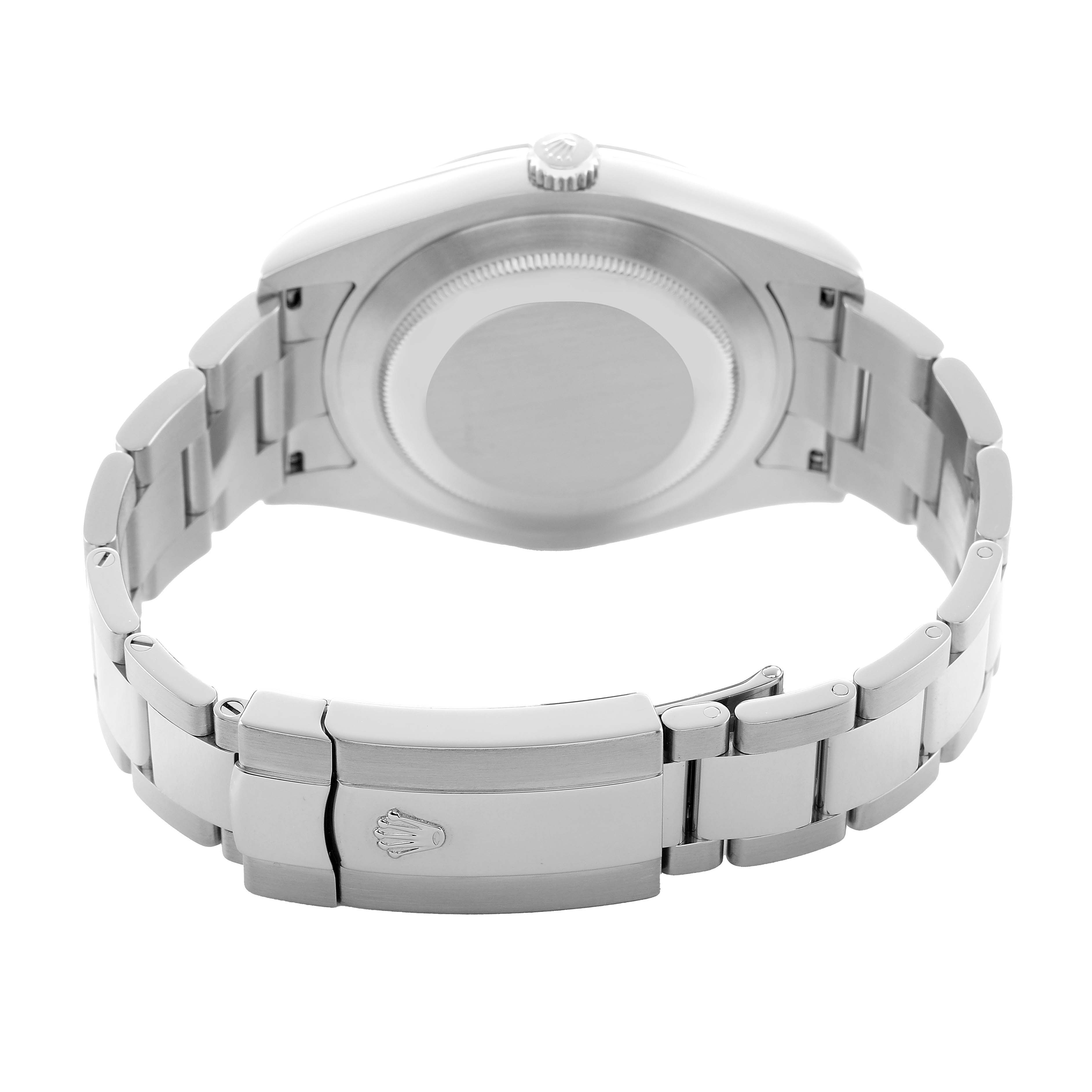 The image shows the back view of a Rolex Datejust 41 116334 Men's Stainless Steel Silver Dial, highlighting the case back and bracelet clasp.