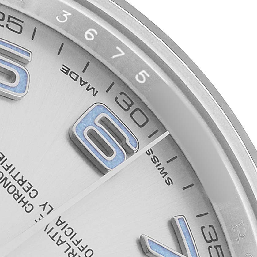 The image shows a close-up of the Rolex Datejust 41 116334 Men's Stainless Steel Silver Dial watch dial, focusing on the hour markers and minute indicators.