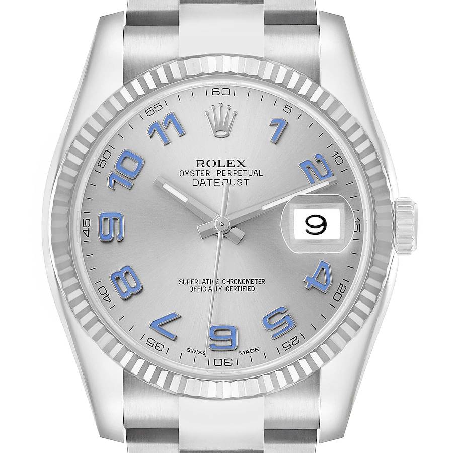 The image shows a front view of a Rolex Datejust 41 116334 Men's Stainless Steel Silver Dial featuring a fluted bezel, silver dial, blue numerals, and a date window.