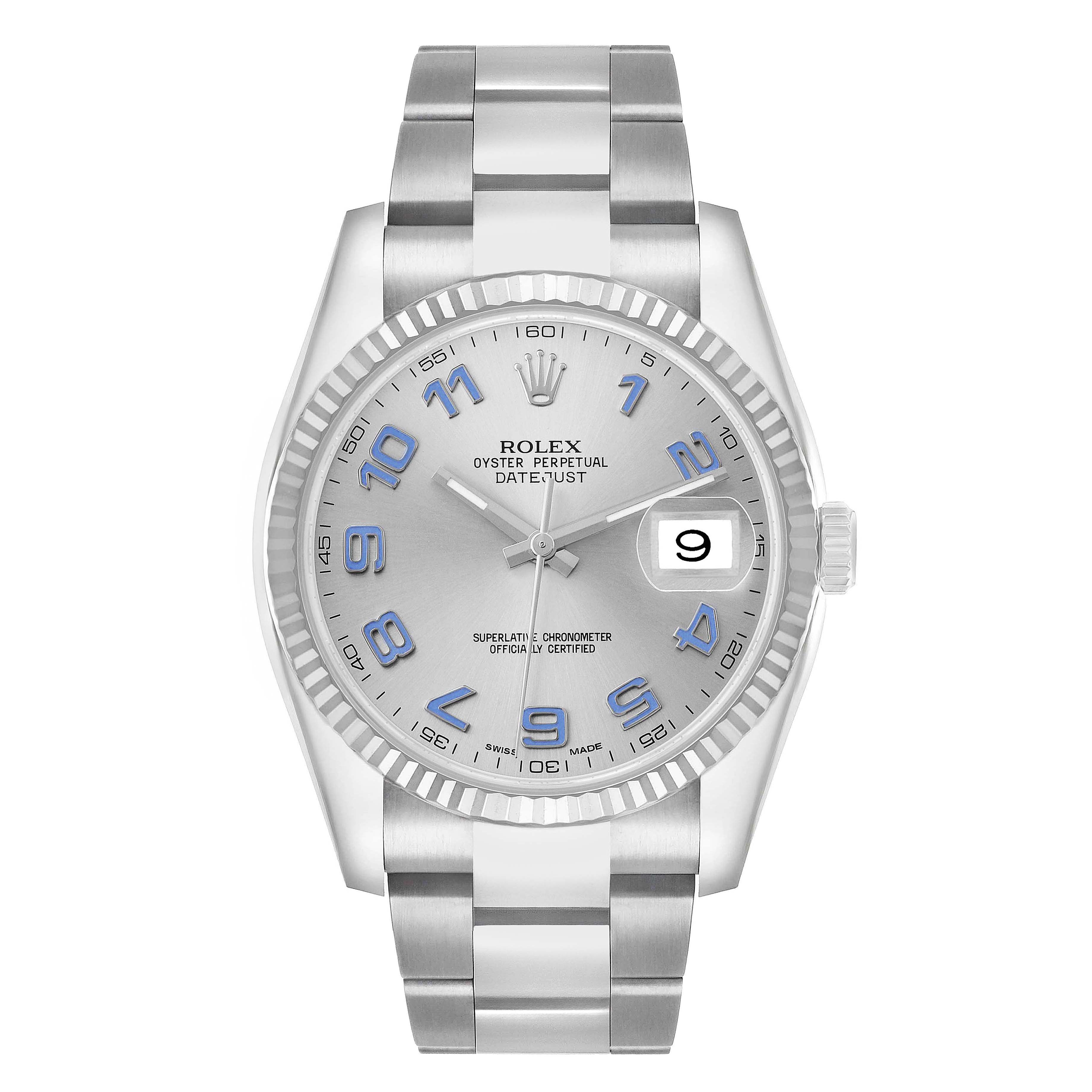 The Rolex Datejust 41 116334 Men's Stainless Steel Silver Dial watch is shown from a front angle, displaying its face, bezel, and bracelet.
