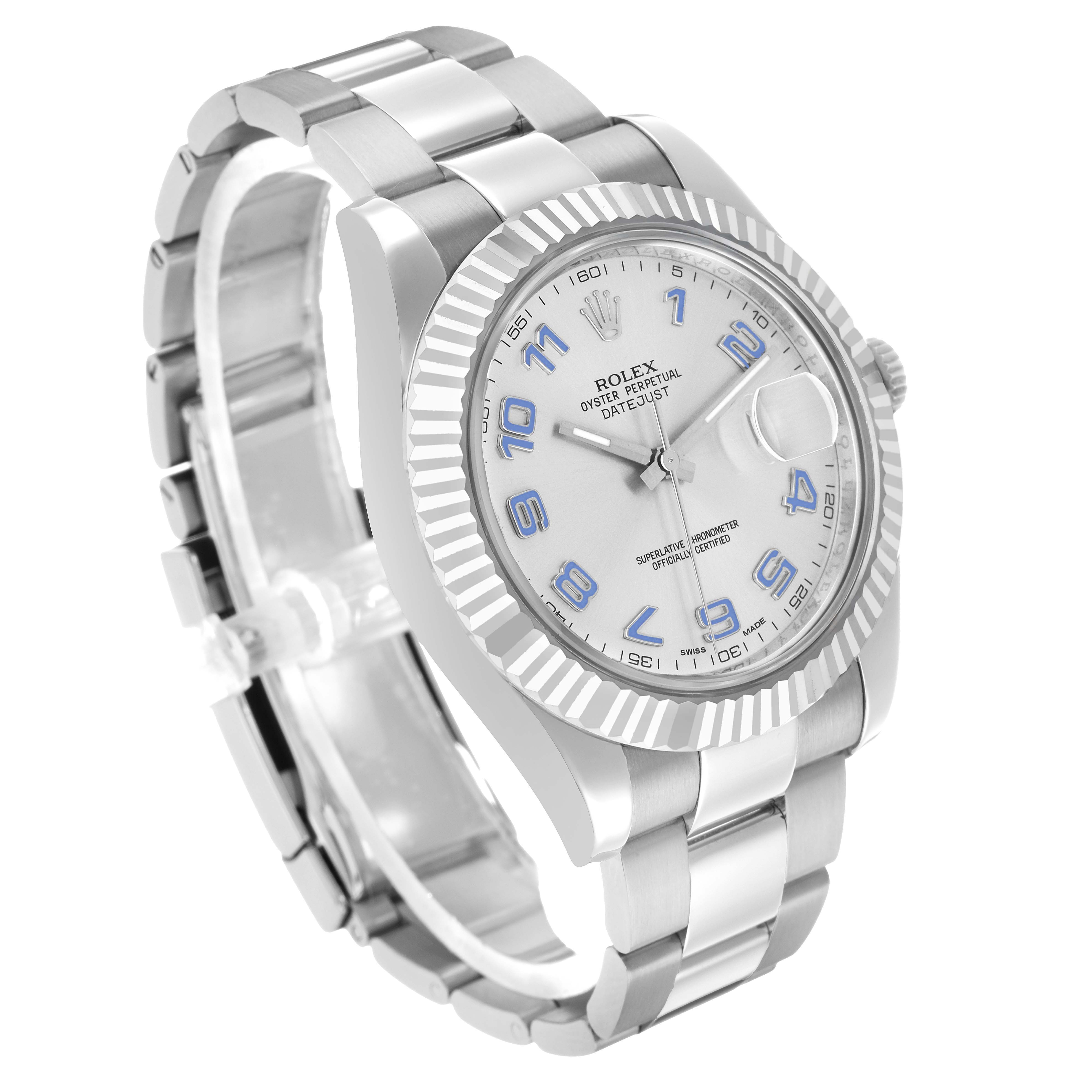 The Rolex Datejust 41 116334 Men's Stainless Steel Silver Dial watch is shown from a three-quarter angle, highlighting the face, fluted bezel, and bracelet.