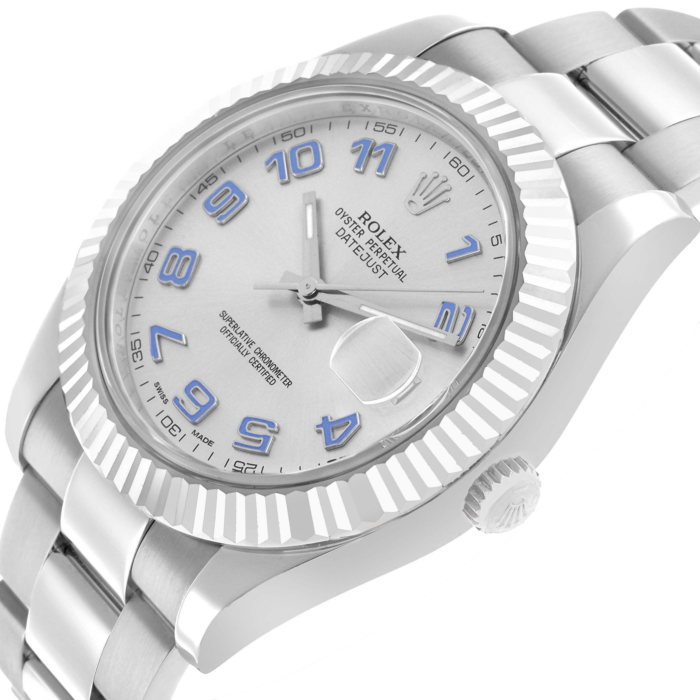 The Rolex Datejust 41 116334 Men's Stainless Steel Silver Dial is shown at an angled view, highlighting the face, bezel, crown, and part of the bracelet.