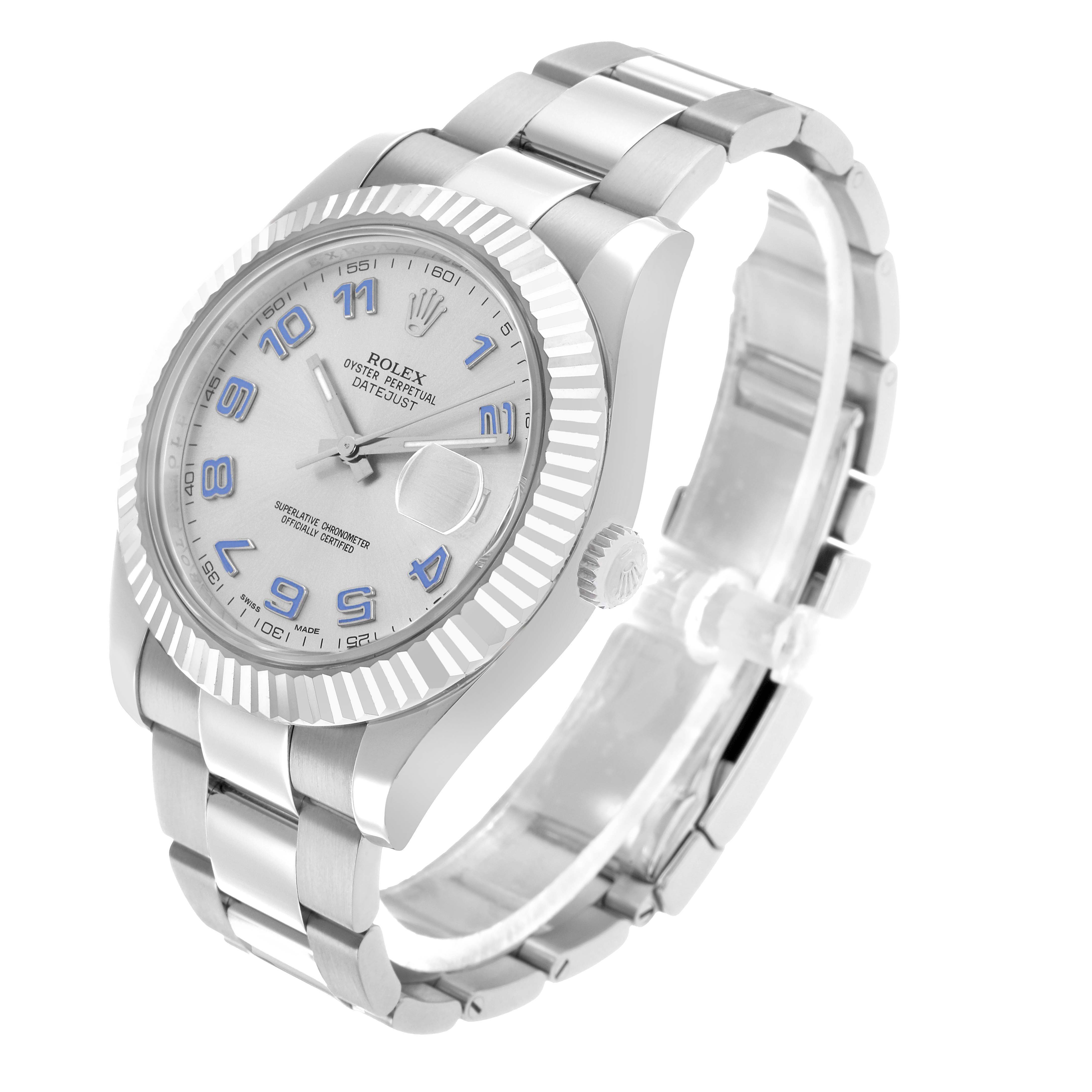 The Rolex Datejust 41 116334 Men's Stainless Steel Silver Dial watch is shown at a three-quarter angle, highlighting the bezel, dial, bracelet, and crown.