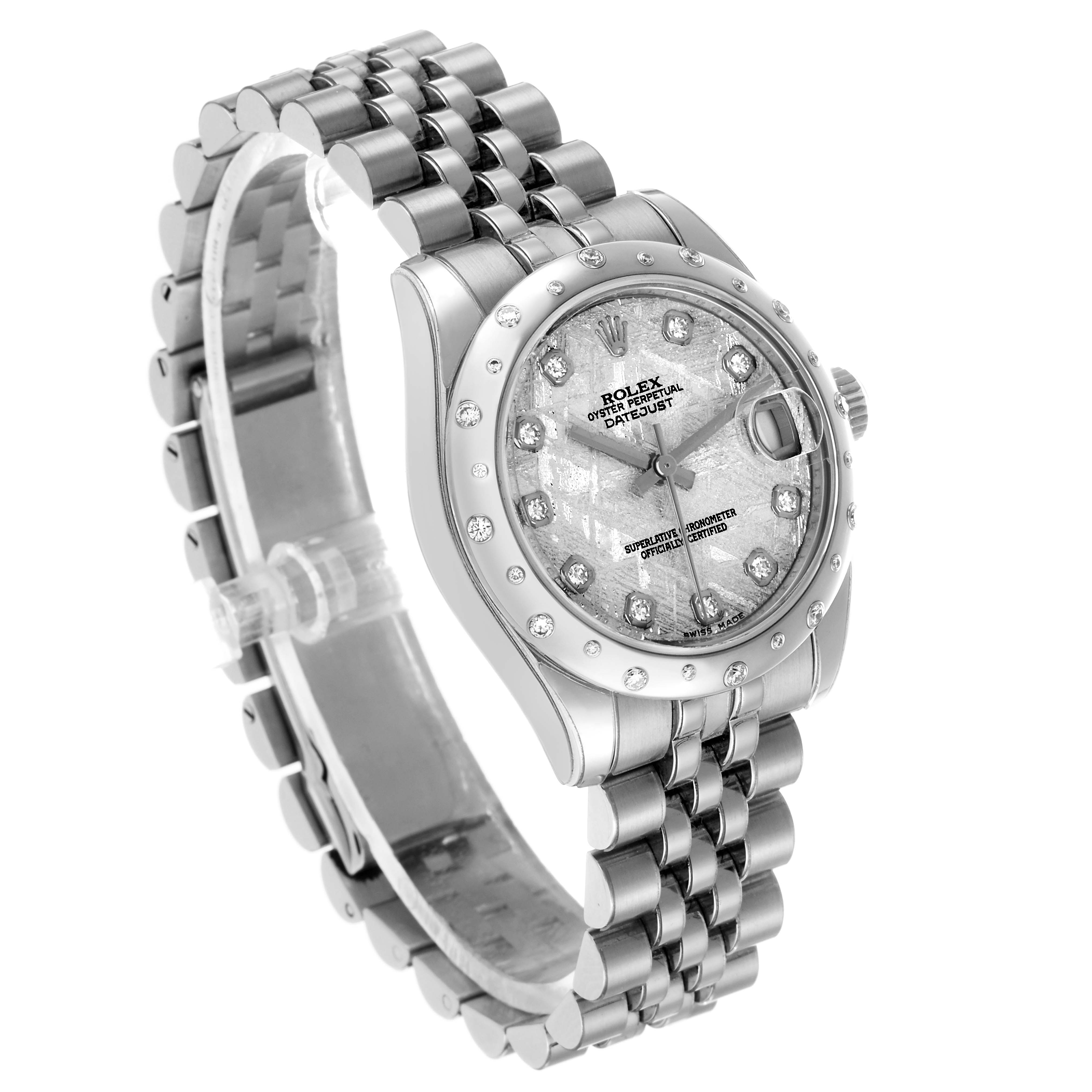 The Rolex mid-size watch is shown at a three-quarter angle, displaying the face, bezel, and bracelet.