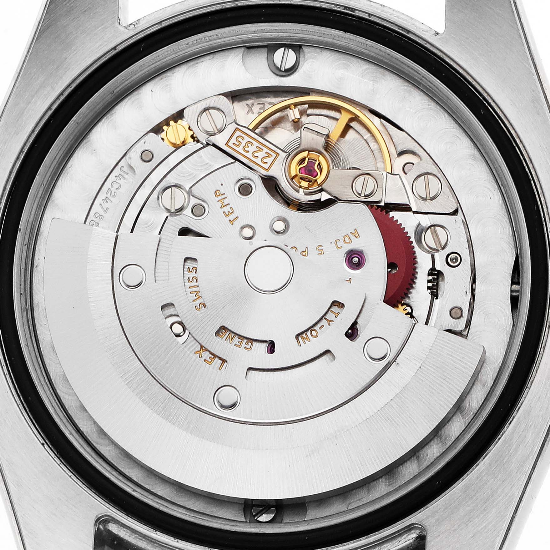 The image shows the back view of a Rolex Mid-Size 178344 Women's Stainless Steel Silver Dial model, revealing its intricate movement and rotor.