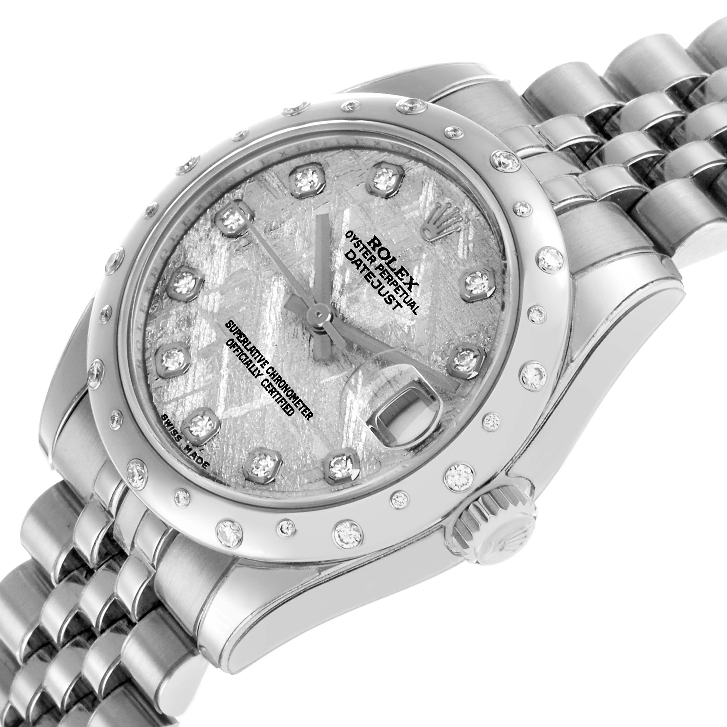 The Rolex Datejust Mid-Size watch is shown at an angled view highlighting the face, bezel, and bracelet.