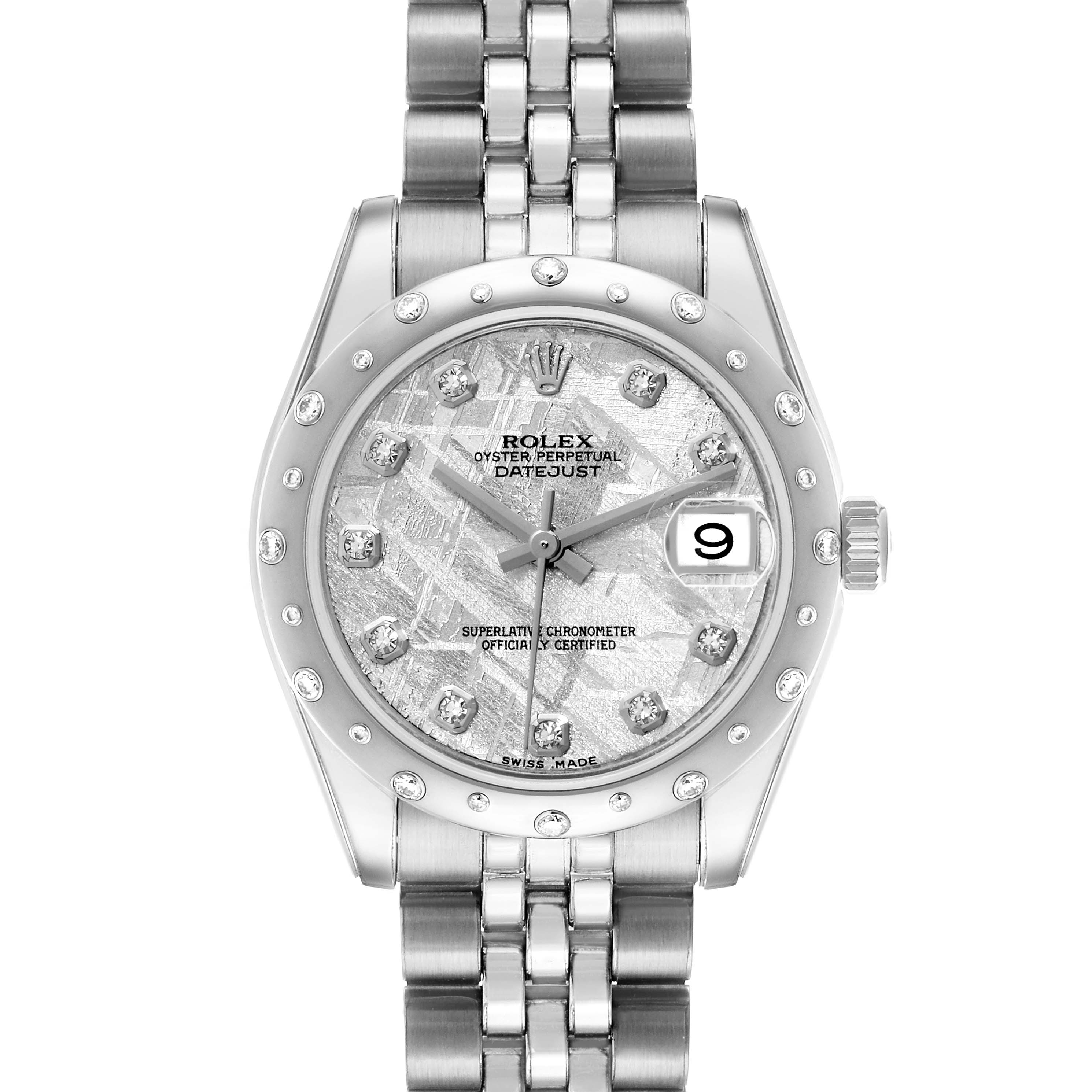 The Rolex Mid-Size 178344 Women's Stainless Steel Silver Dial watch is shown from the front, displaying the dial, bezel, and bracelet in full view.