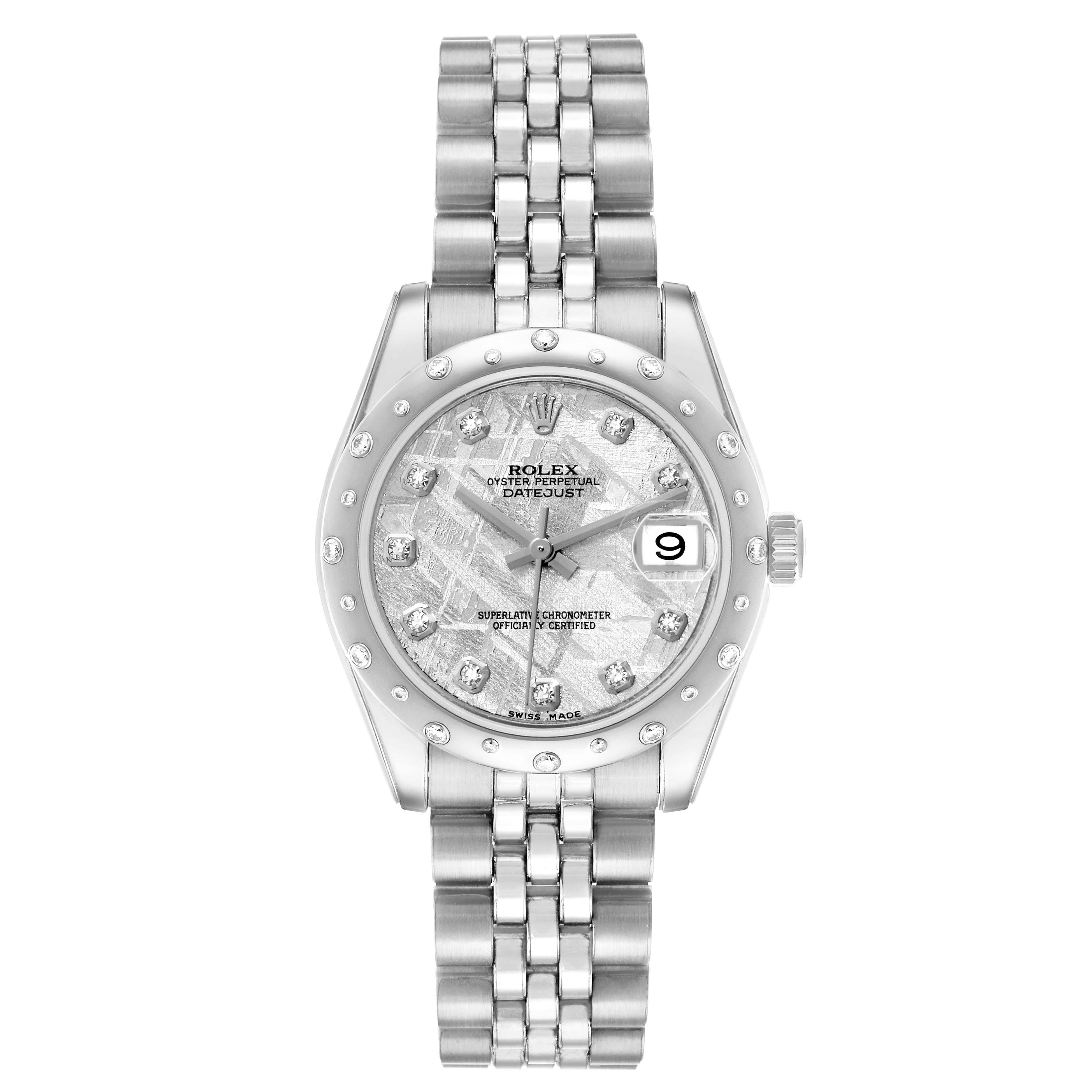 The Rolex Mid-Size 178344 Women's Stainless Steel Silver Dial watch is shown from the front, featuring the dial, bezel, and bracelet.