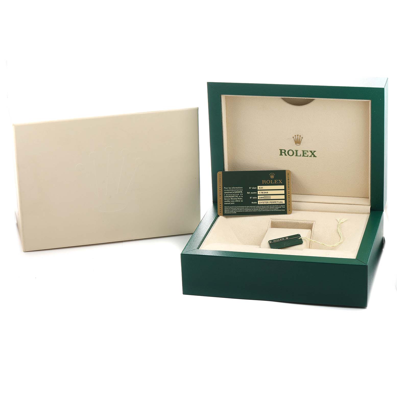 The image shows a Rolex watch box and certification card at an angled view, showcasing the Mid-Size model packaging.