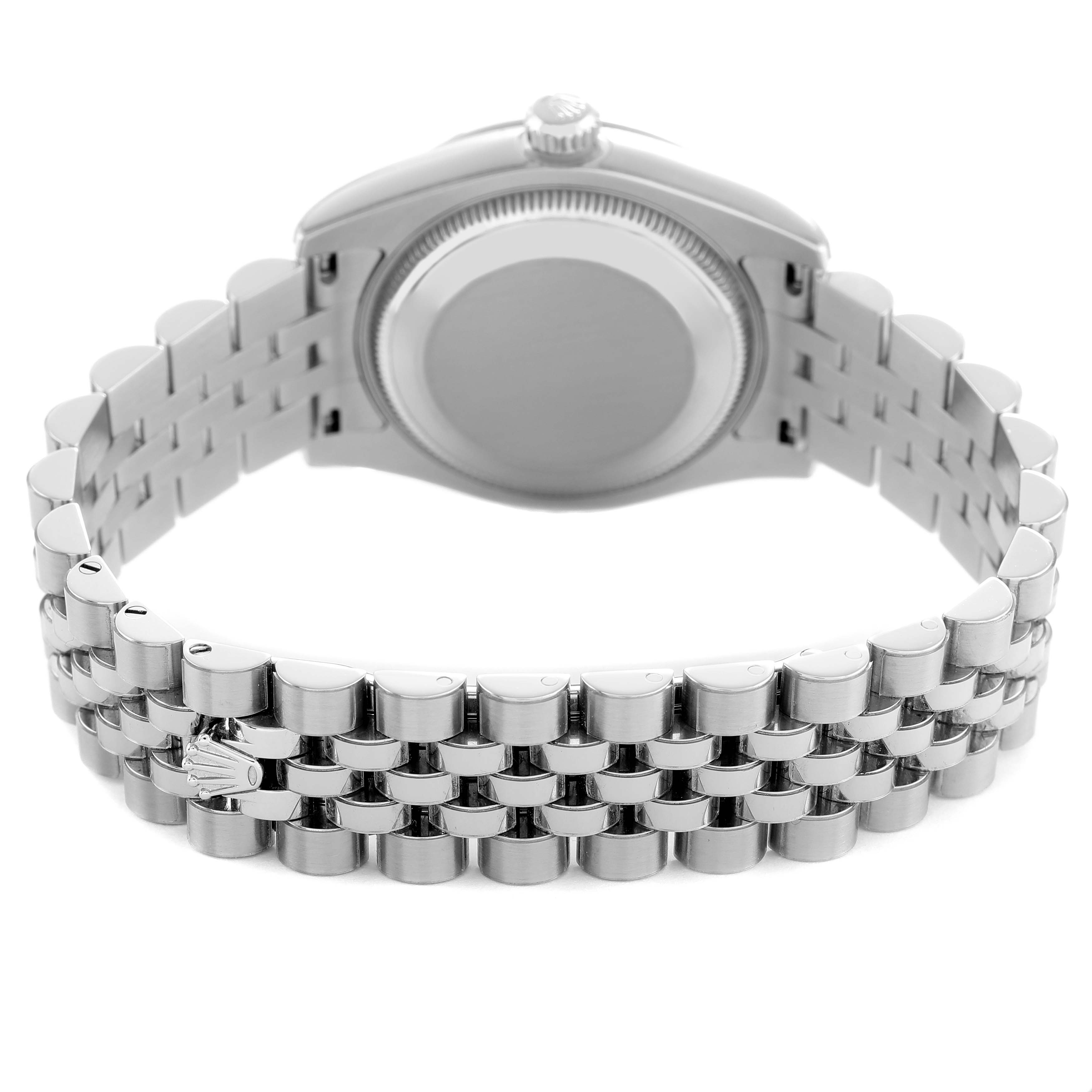 The image shows the backside and bracelet of a mid-size Rolex watch, highlighting its clasp and crown.