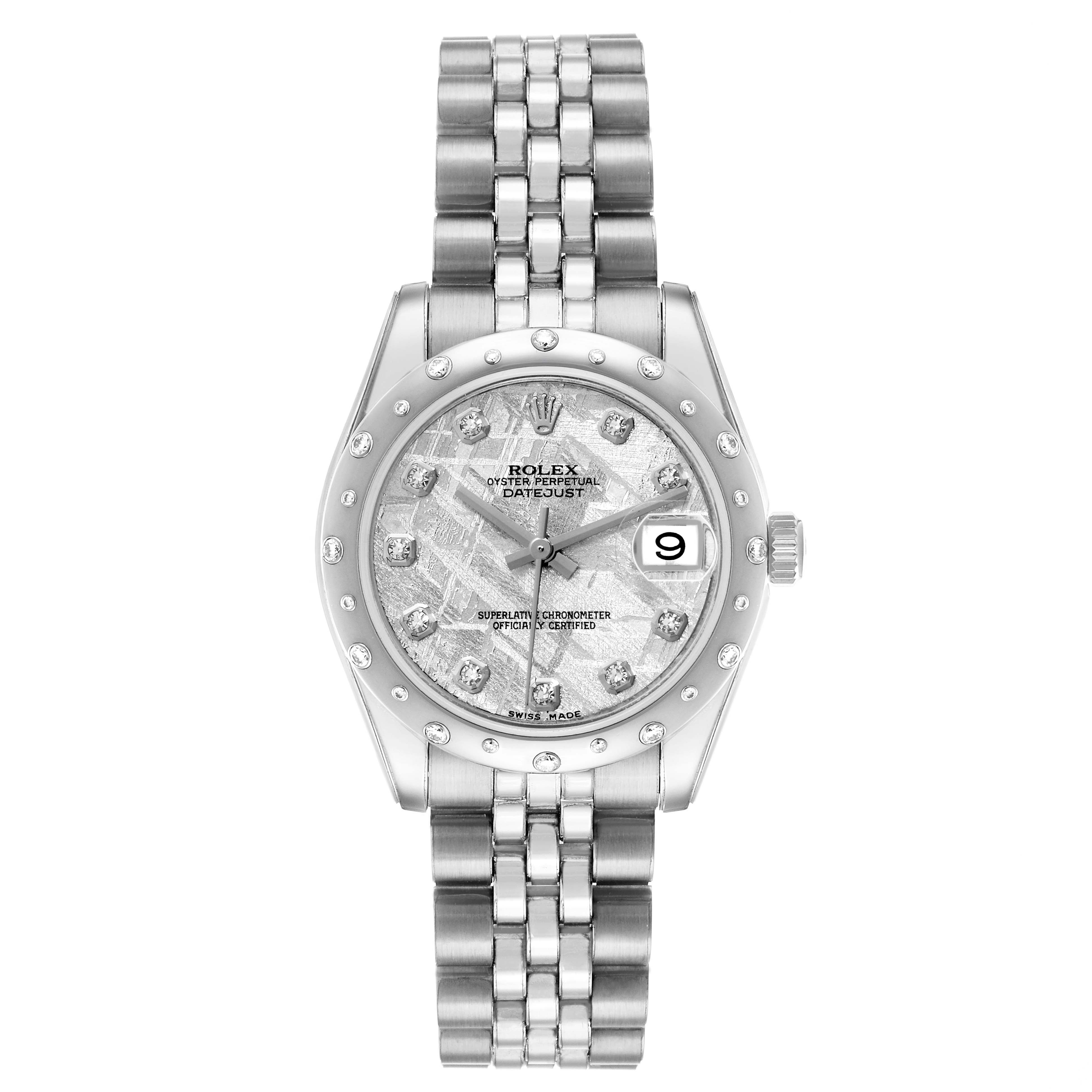 The Rolex Mid-Size 178344 Women's Stainless Steel Silver Dial model is shown from a top-down angle, displaying the dial, bezel, and bracelet clearly.