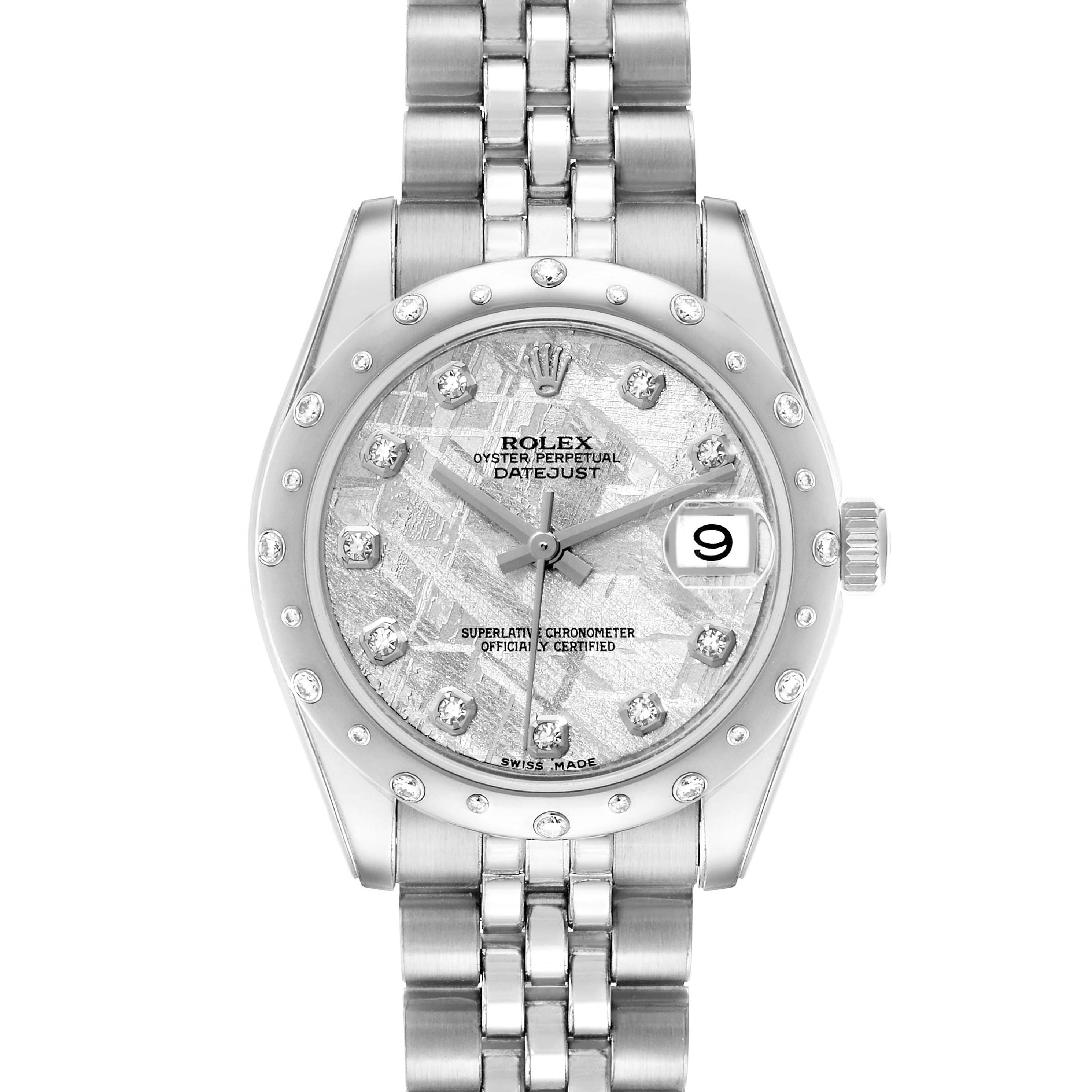 The Rolex Mid-Size 178344 Women's Stainless Steel Silver Dial model watch is shown from a front angle, highlighting the dial, bracelet, and bezel.