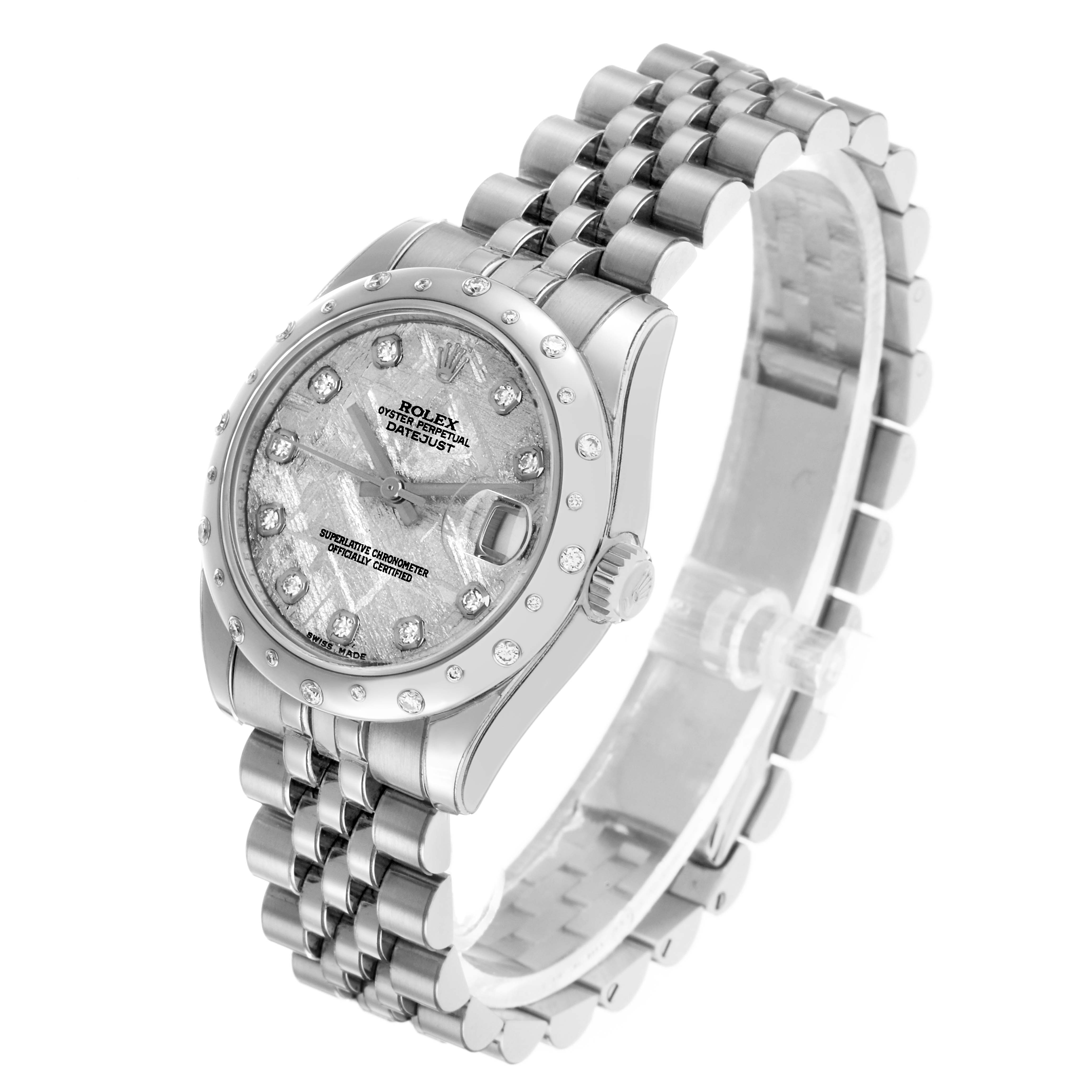 The Rolex Mid-Size 178344 Women's Stainless Steel Silver Dial watch is shown at a three-quarter angle, highlighting the face, bezel, and bracelet.