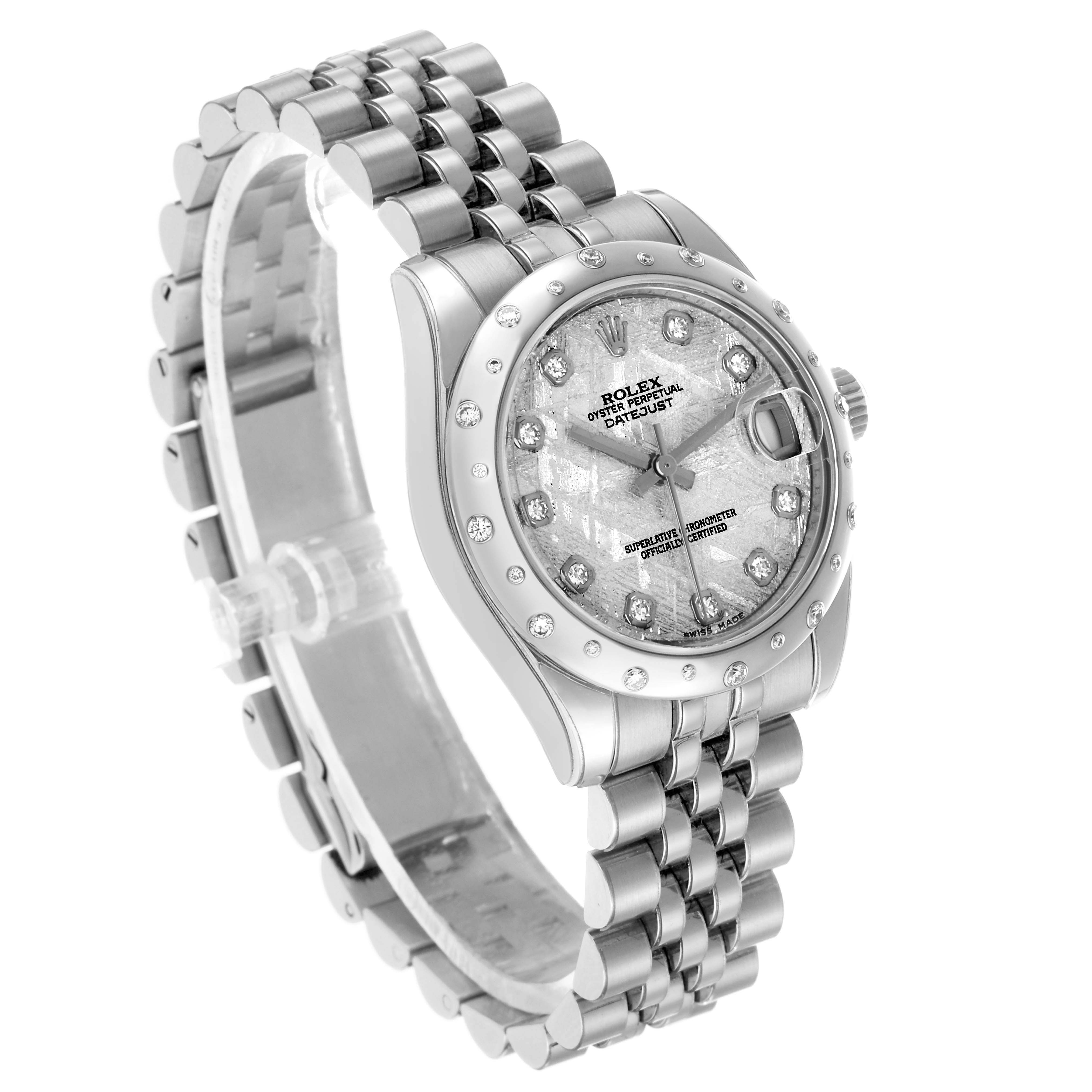 The Rolex Mid-Size 178344 Women's Stainless Steel Silver Dial watch is angled to display the full face, bezel, crown, and bracelet.