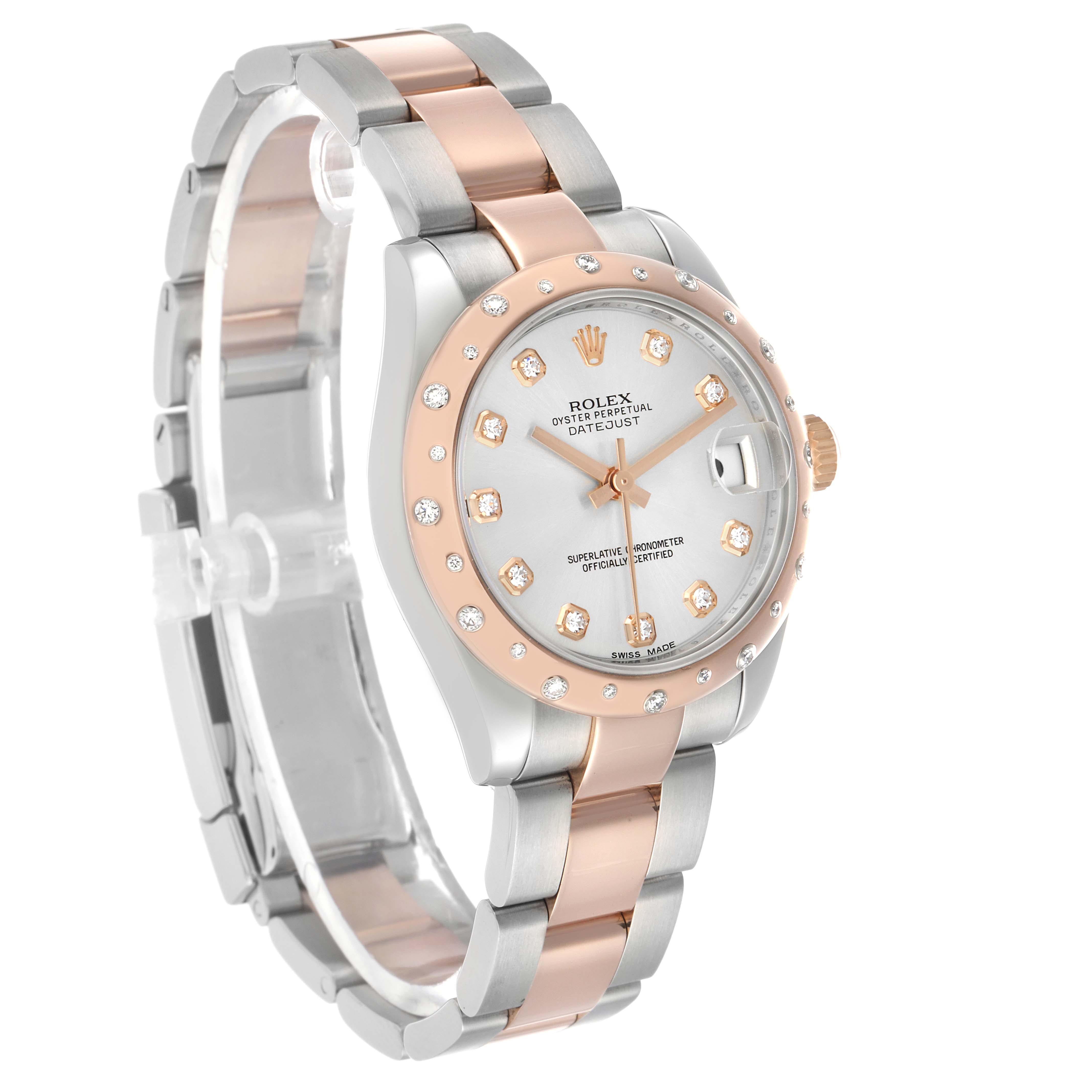 The mid-size Rolex watch is shown at an angle highlighting the two-tone bracelet, diamond markers, and date window.