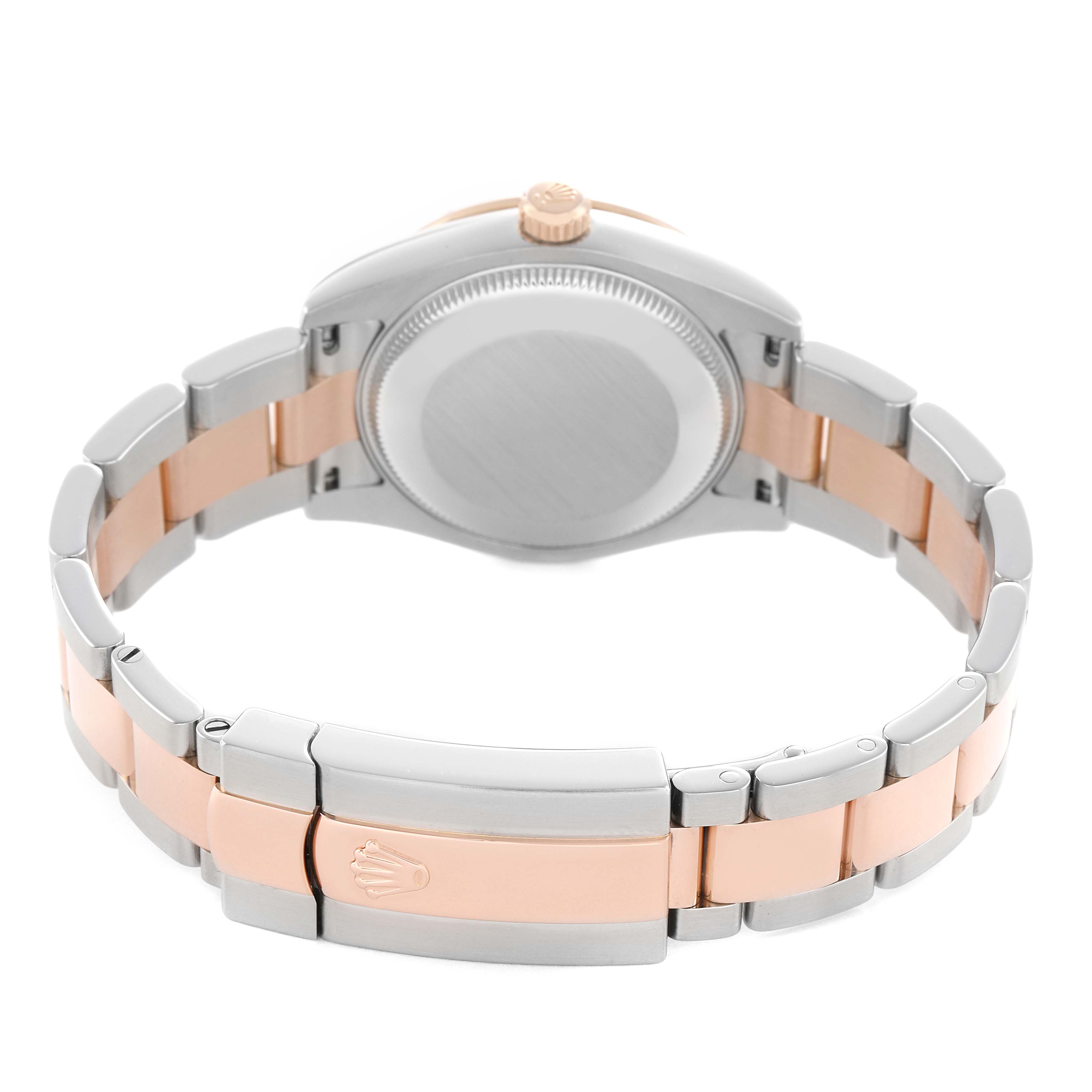 The image shows the back view of a Mid-Size Rolex watch, highlighting the case back, bracelet, and clasp.