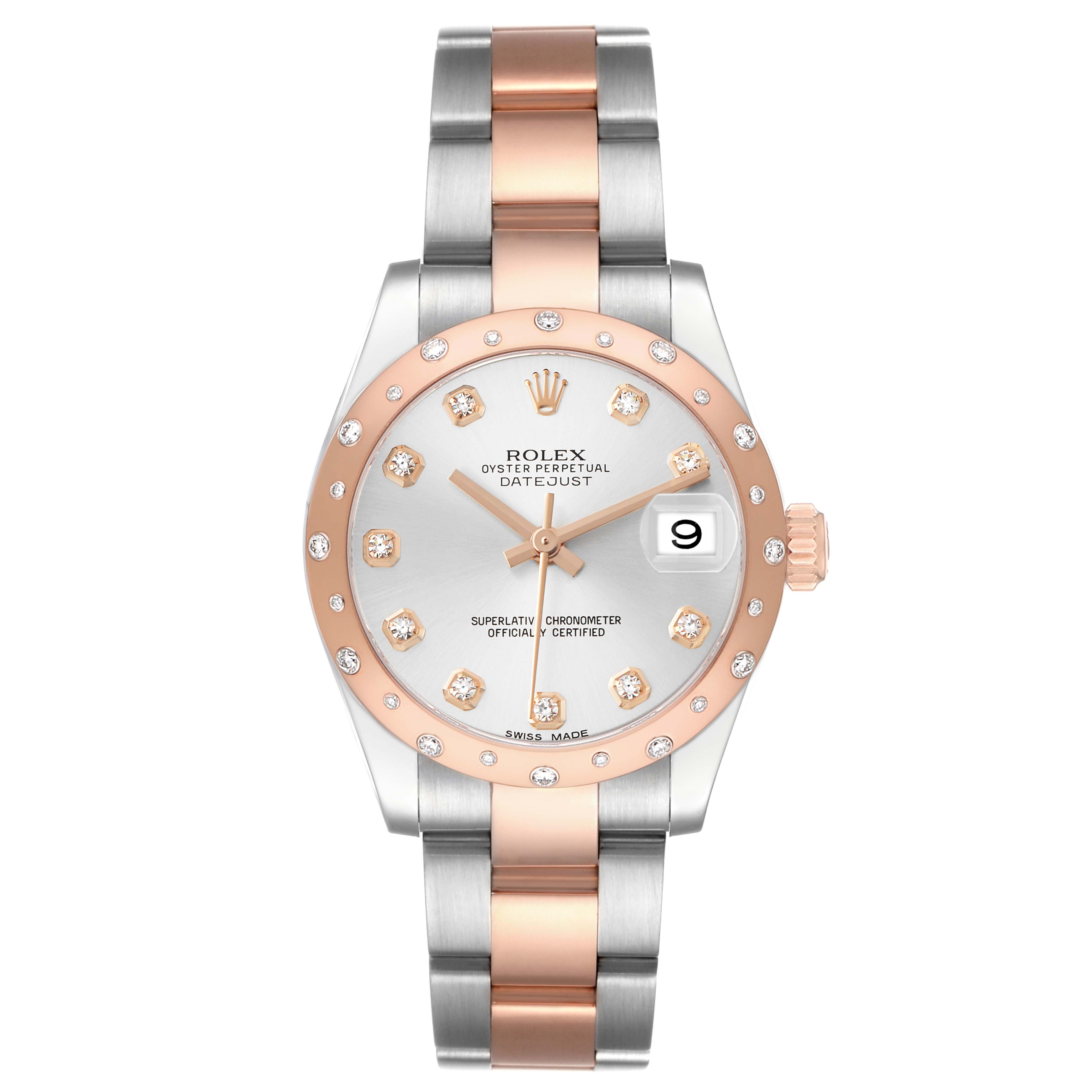 The Rolex Mid-Size 178341 Women's Steel and Gold (two tone) Silver Dial watch is shown from a front angle, displaying its two-tone bracelet and diamond hour markers.