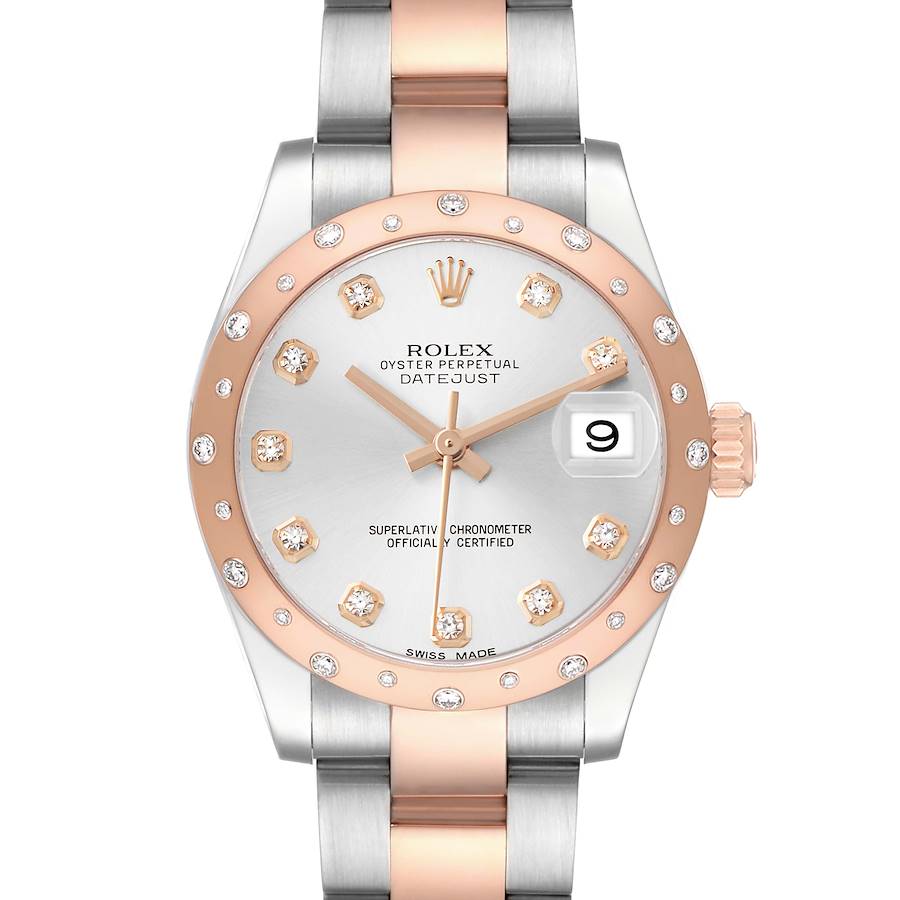 The Rolex Datejust Mid-Size watch is shown from a front angle, displaying the dial, bezel, and a two-tone bracelet.