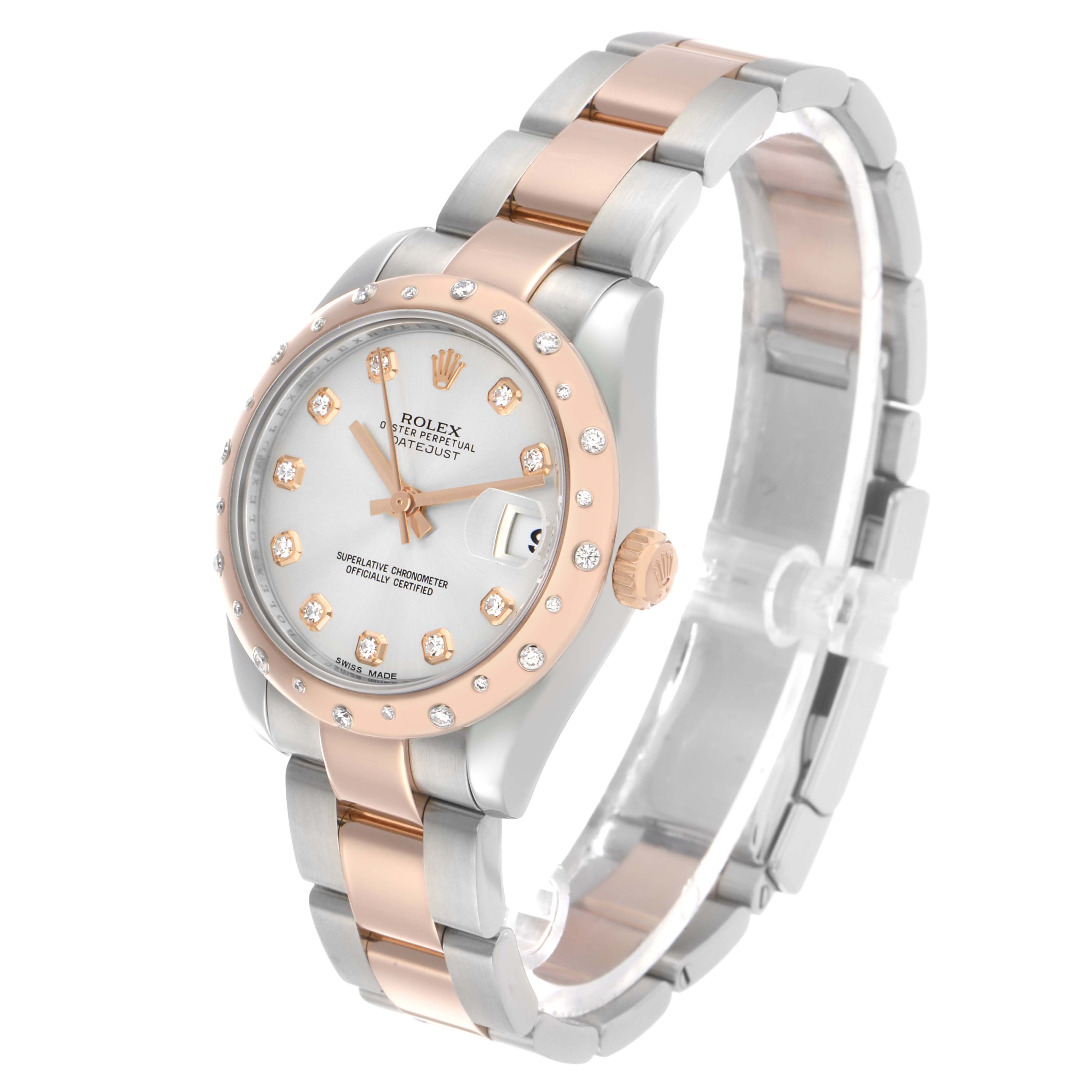 The Rolex Mid-Size 178341 Women's Steel and Gold (two tone) Silver Dial watch is shown at a 3/4 angle displaying the face, bezel, side crown, and part of the bracelet.