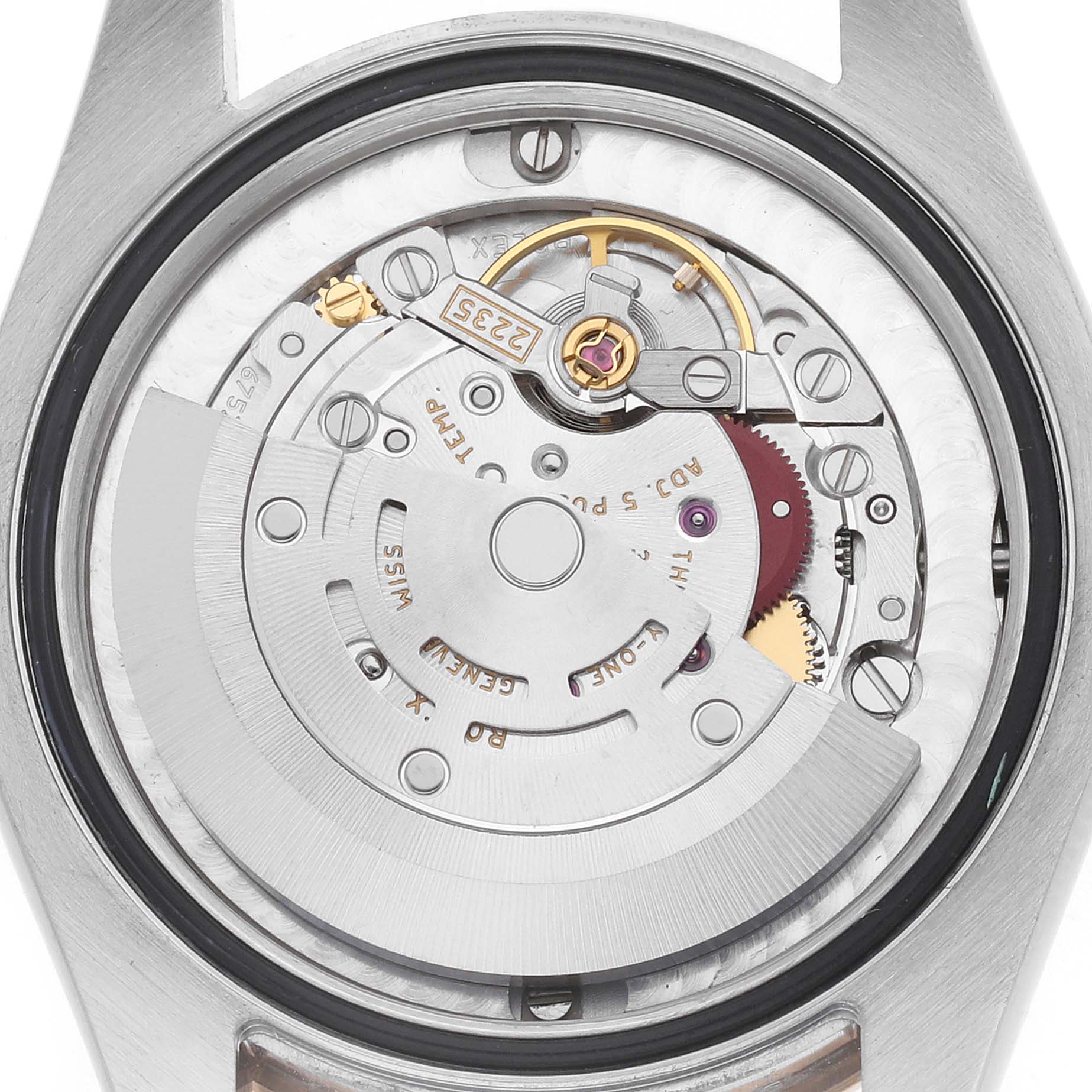 The image shows the back view of the Rolex Mid-Size 178341 Women's Steel and Gold (two tone) Silver Dial model, focusing on its internal movement components.