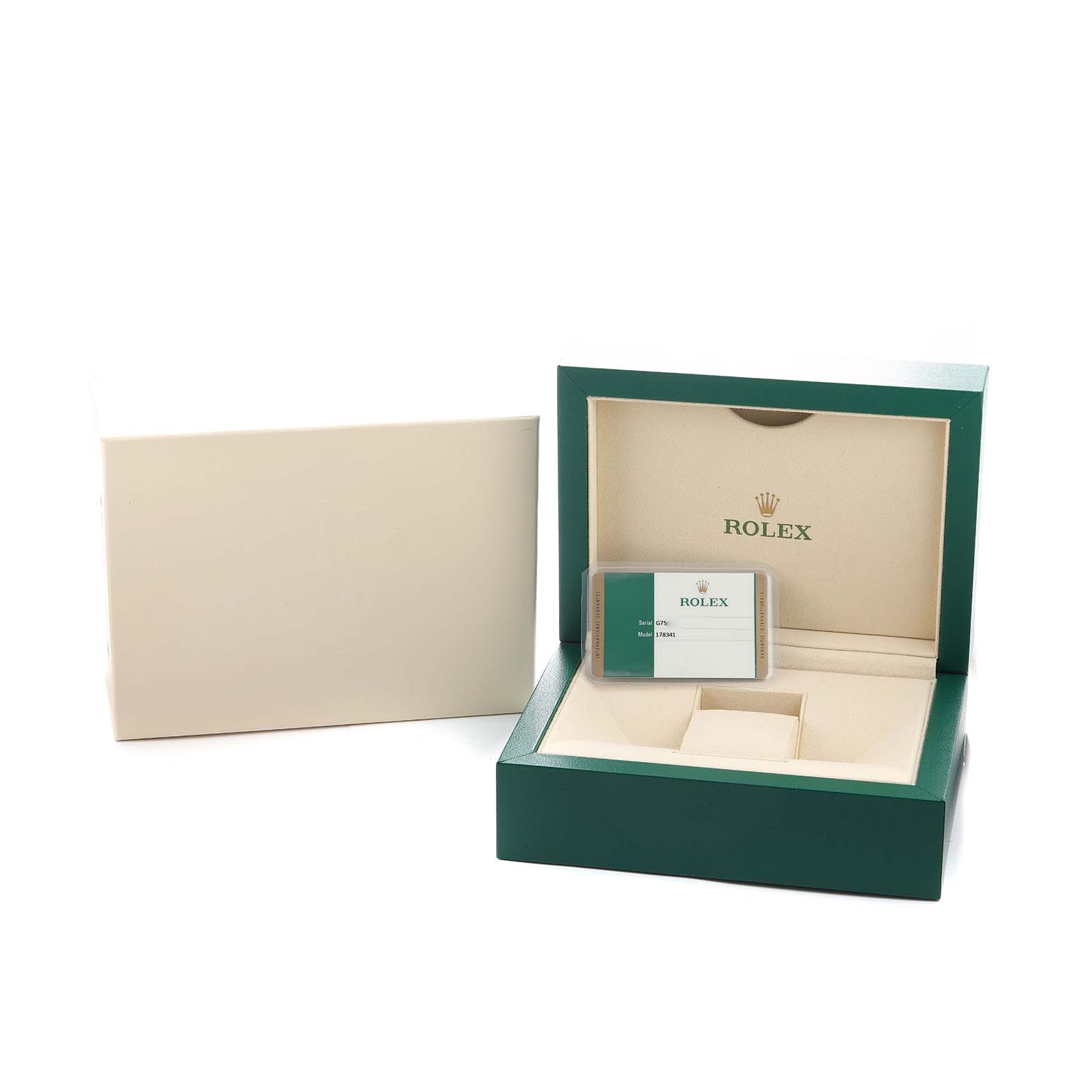 The image shows a Rolex mid-size model watch box open at an angle, revealing an interior space and a warranty card.