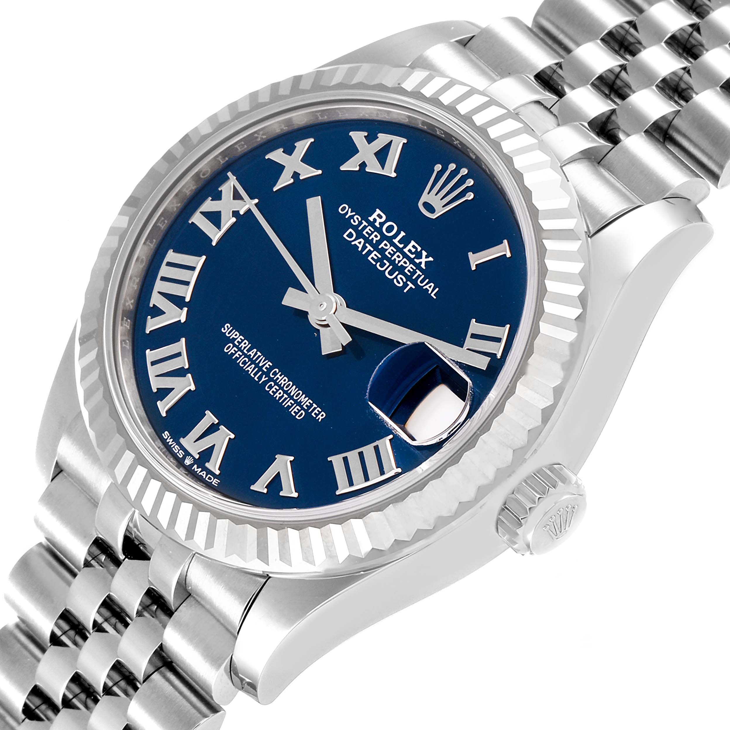 This is a 3/4 angle view of a Rolex Oyster Perpetual Datejust Mid-Size watch, showing the face, bezel, crown, and bracelet.
