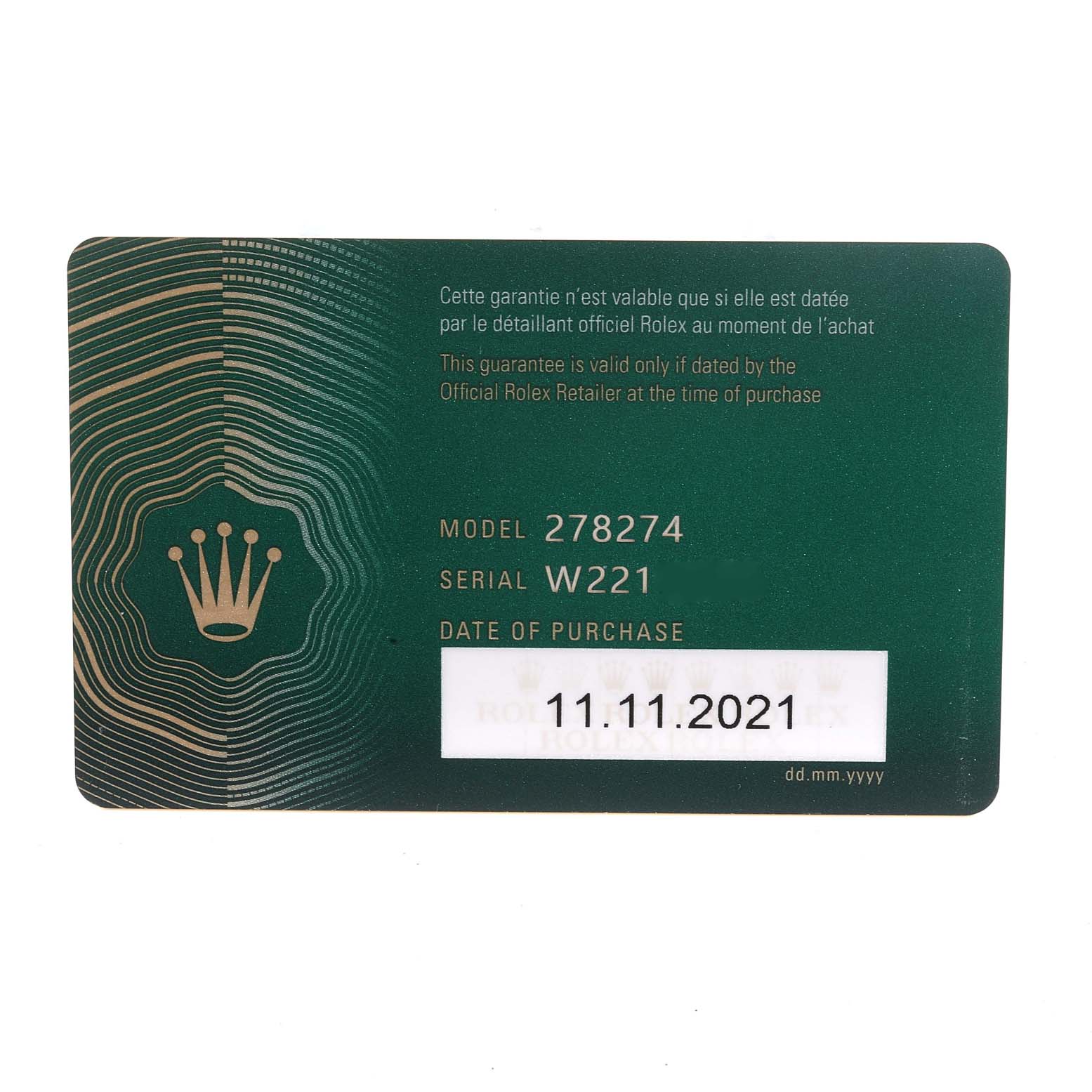 This is a guarantee card for the Rolex Mid-Size 278274 Women
s Stainless Steel Blue Dial 278274 Women
s Stainless Steel Blue Dial model 278274, showcasing model and serial numbers and the date of purchase.