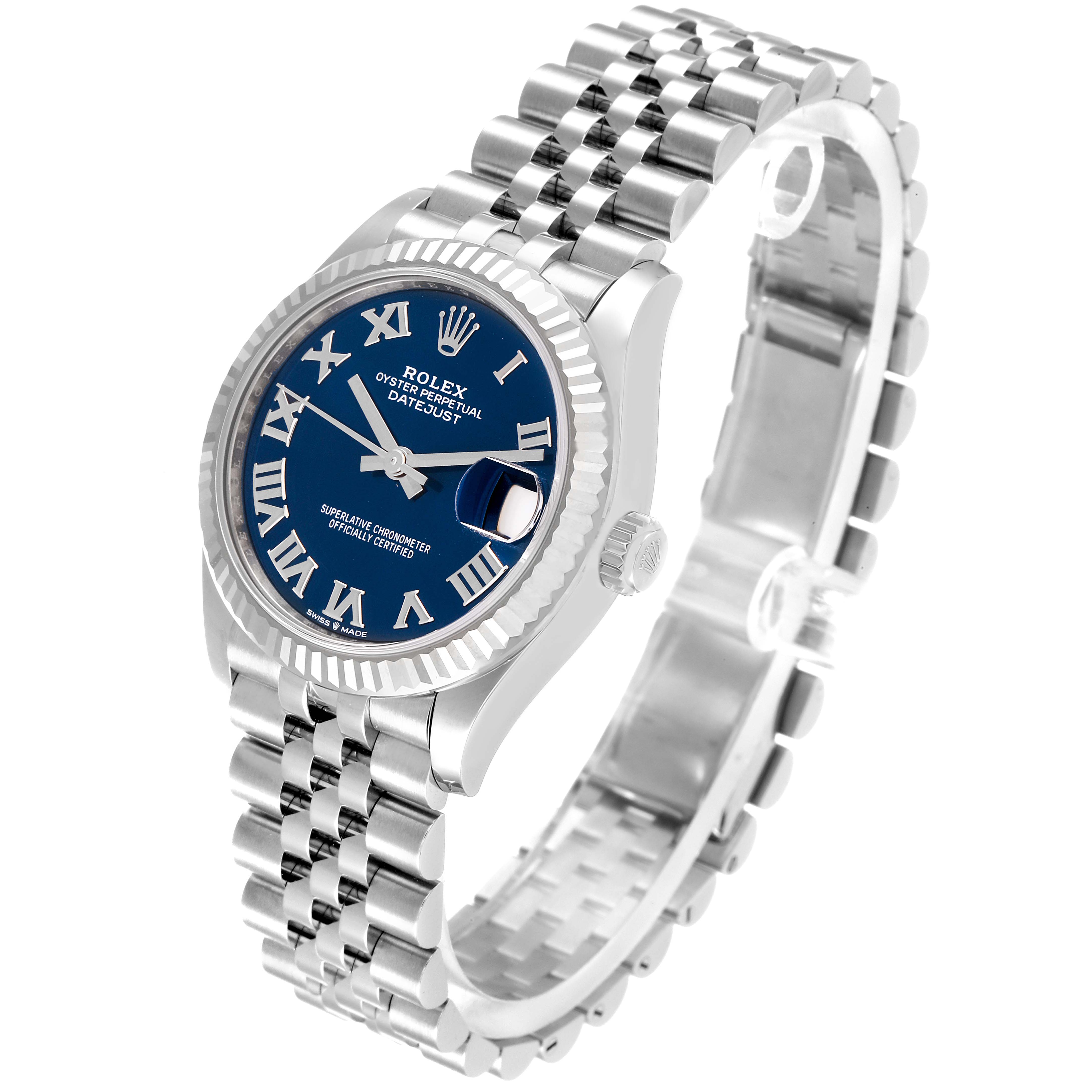 The image shows a side angle of a Rolex Mid-Size 278274 Women
s Stainless Steel Blue Dial 278274 Women
s Stainless Steel Blue Dial Datejust, featuring its face, bezel, crown, and bracelet.