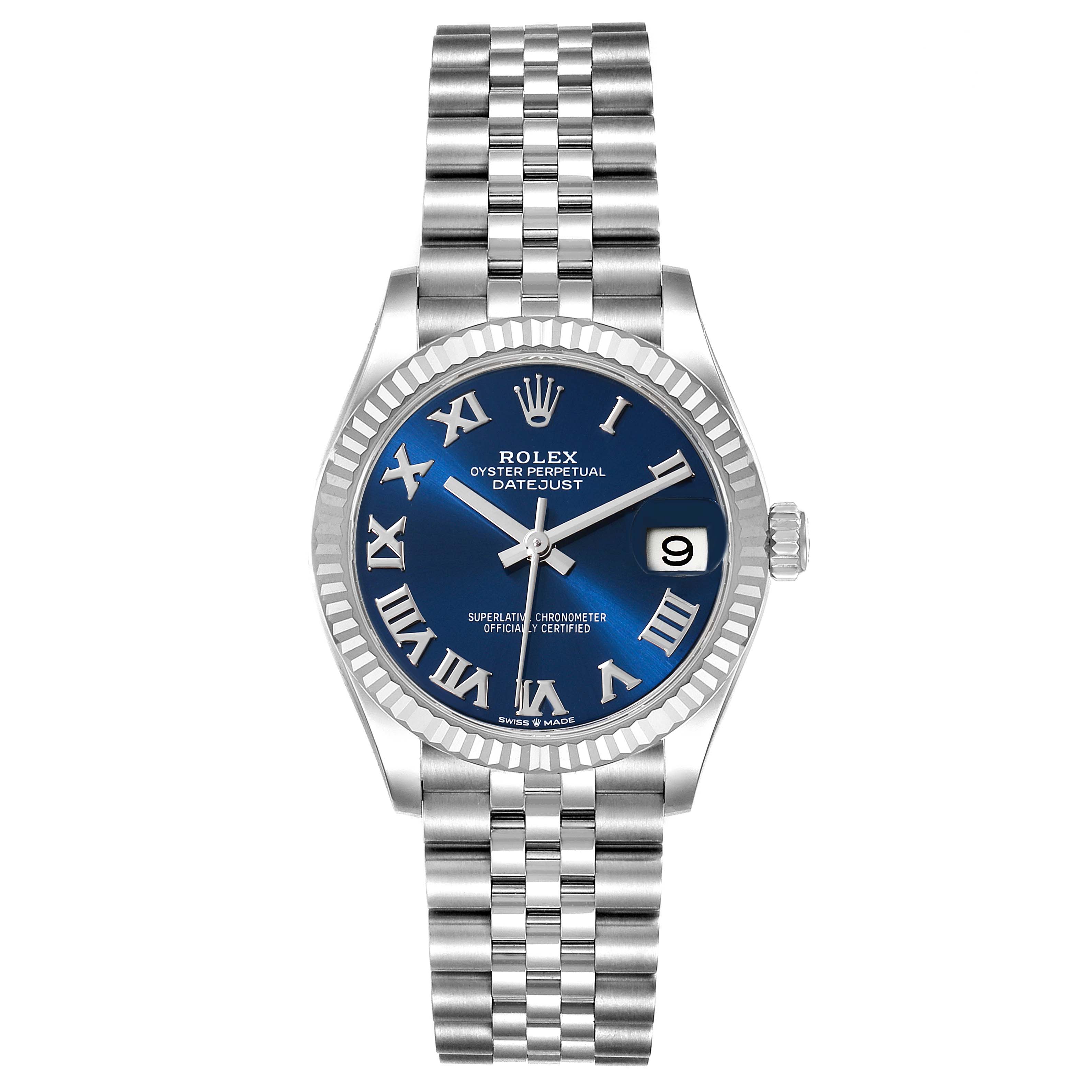 This image shows a front view of the Rolex Oyster Perpetual Datejust Mid-Size model, highlighting the blue dial, bezel, and bracelet.
