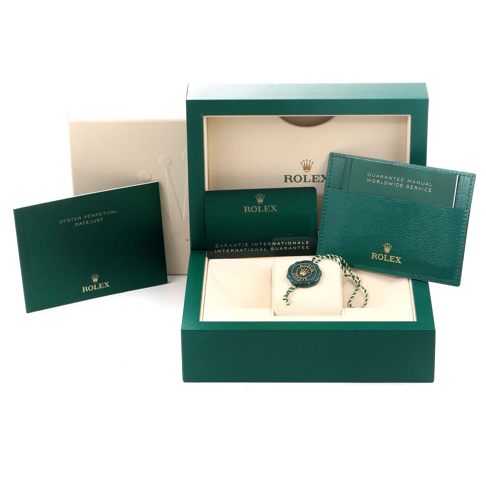 The image shows the box, warranties, manuals, and tags for a Rolex Mid-Size 278274 Women
s Stainless Steel Blue Dial 278274 Women
s Stainless Steel Blue Dial watch from an angled top view.