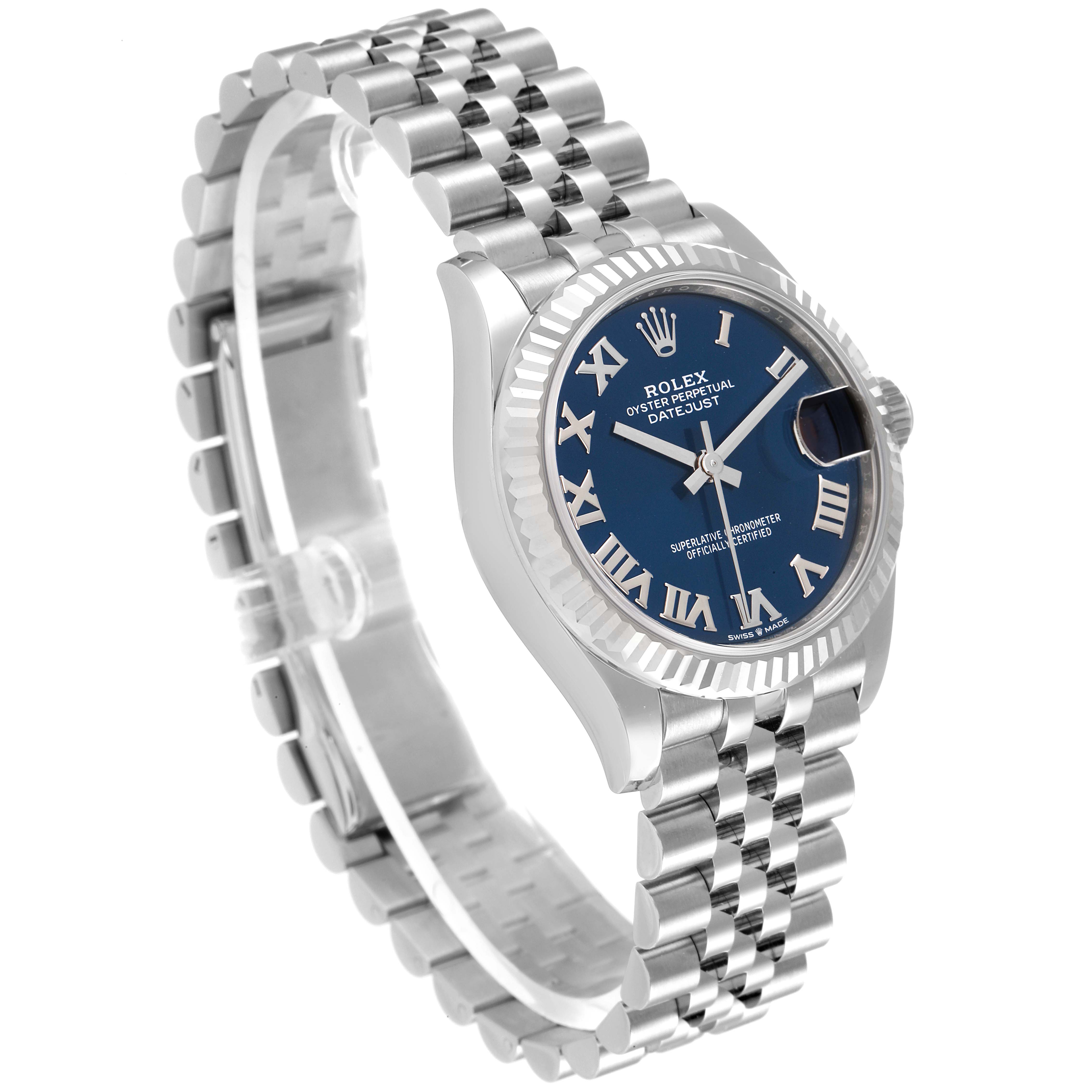 This image shows a side angle of a Rolex Mid-Size 278274 Women
s Stainless Steel Blue Dial 278274 Women
s Stainless Steel Blue Dial Datejust watch, highlighting its blue dial and jubilee bracelet.