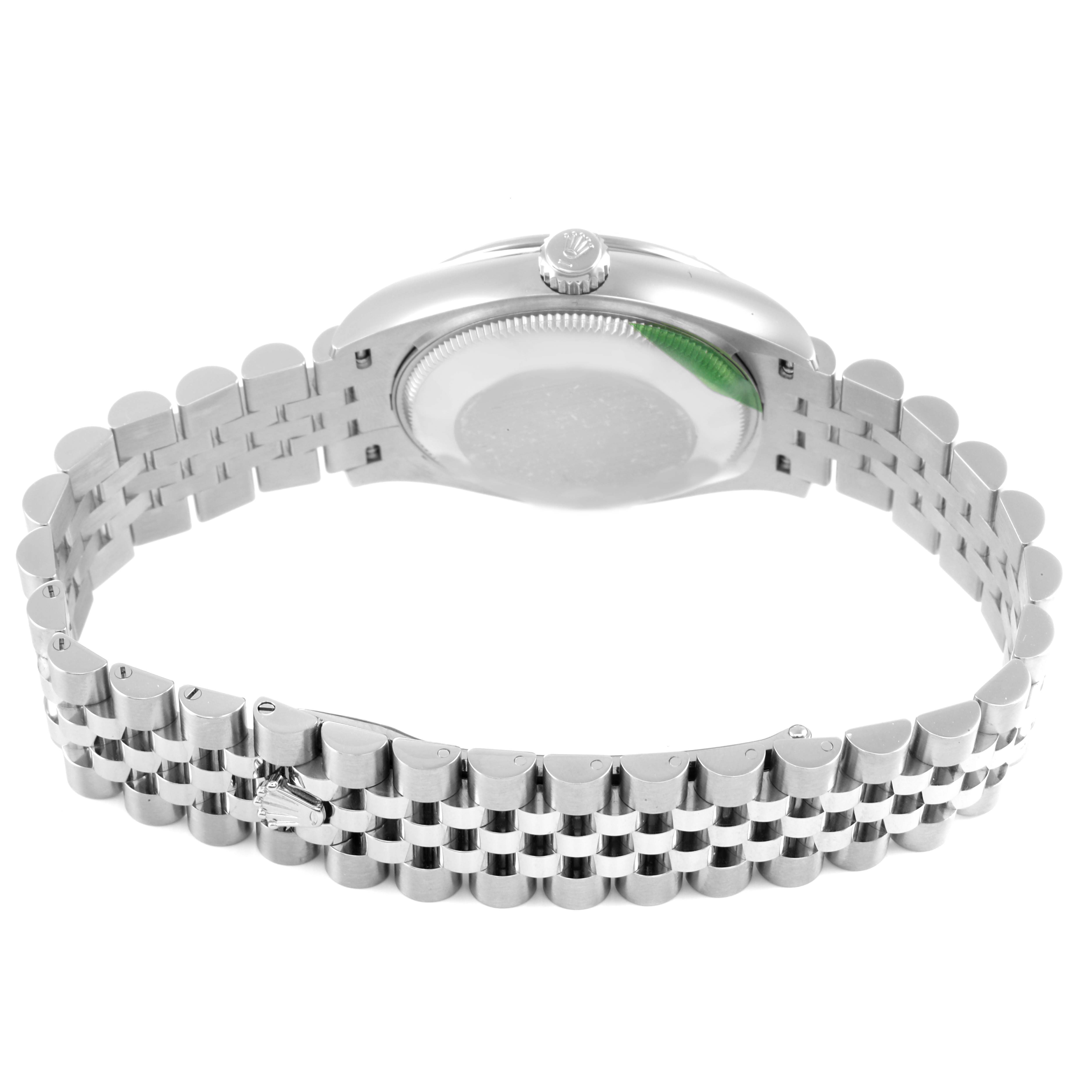 The image shows the back view of a Rolex Mid-Size 278274 Women
s Stainless Steel Blue Dial 278274 Women
s Stainless Steel Blue Dial watch, highlighting the case back and bracelet.