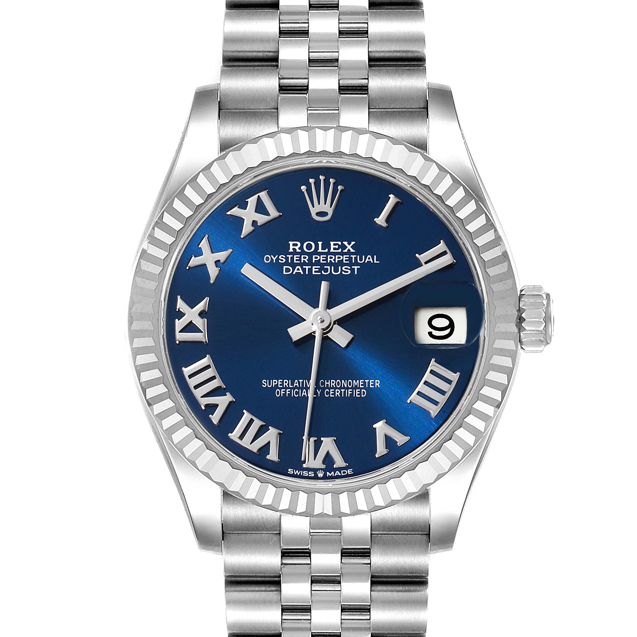 The image shows a front view of the Rolex Oyster Perpetual Datejust Mid-Size watch, highlighting its dial, bezel, case, and bracelet.