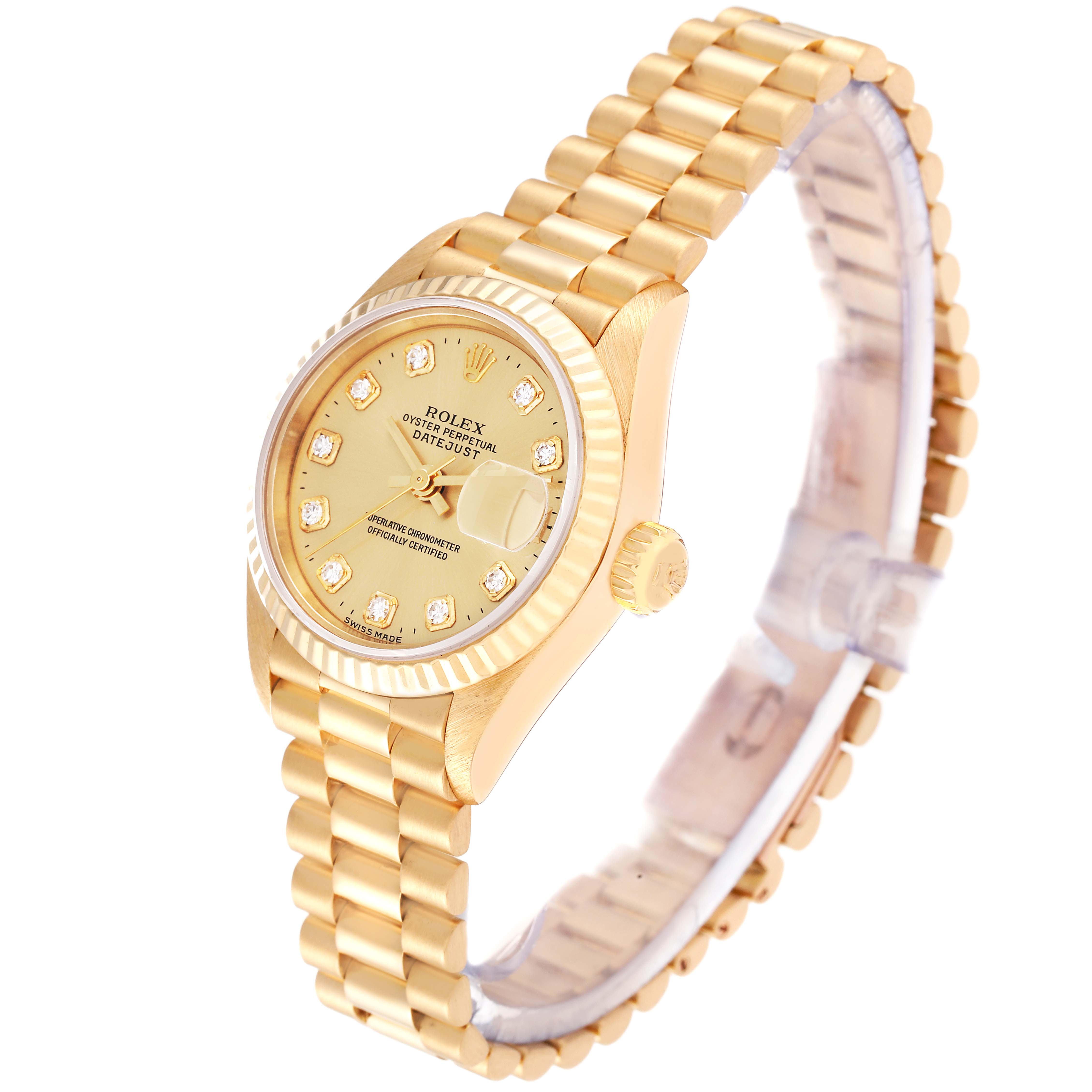 The image shows a Rolex President 69178G Women
s Yellow Gold Champagne Dial 69178G Women
s Yellow Gold Champagne Dial model watch viewed at an angle, highlighting the face, bezel, crown, and bracelet.