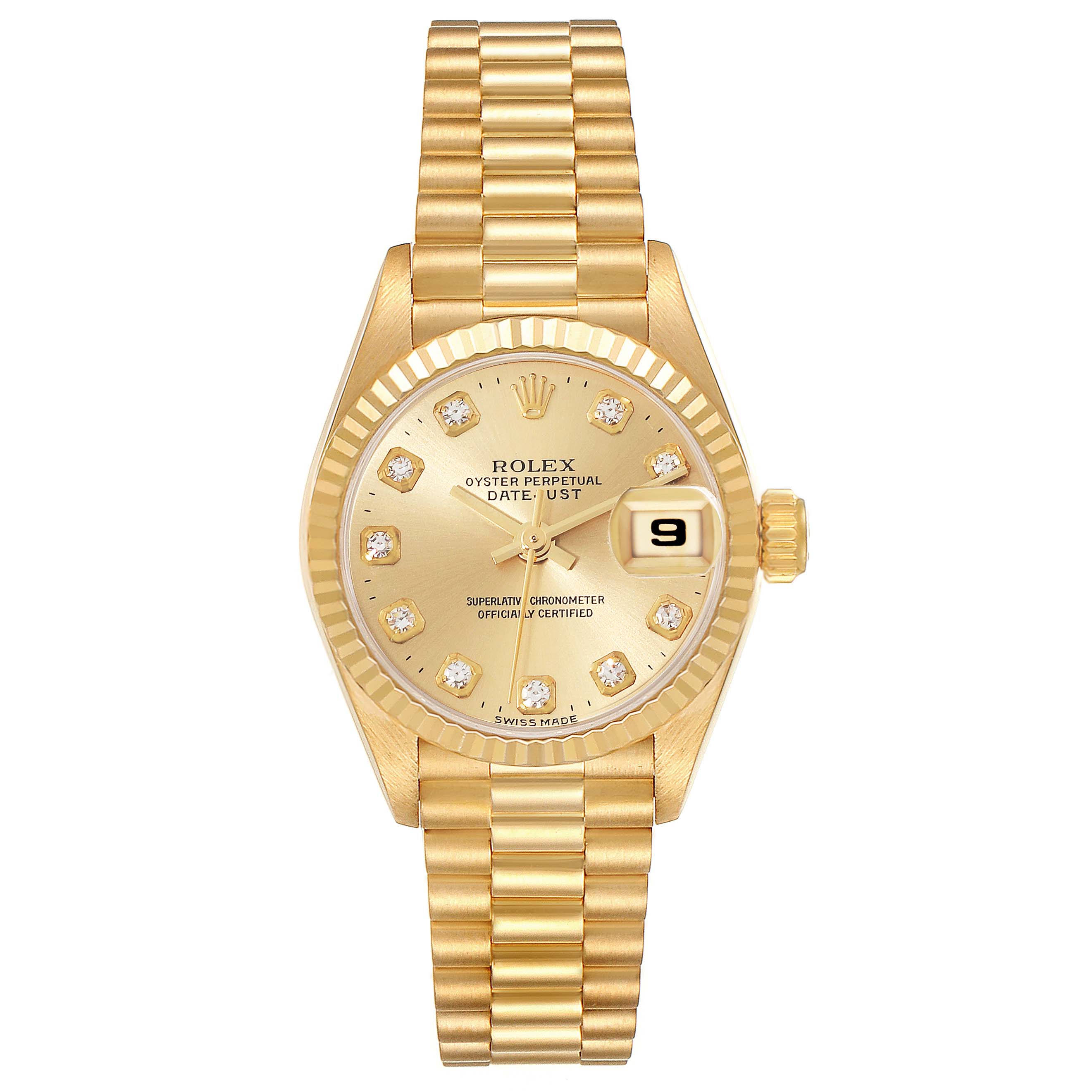 This Rolex President 69178G Women
s Yellow Gold Champagne Dial 69178G Women
s Yellow Gold Champagne Dial model watch is shown from a top view, highlighting its gold band and detailed dial.