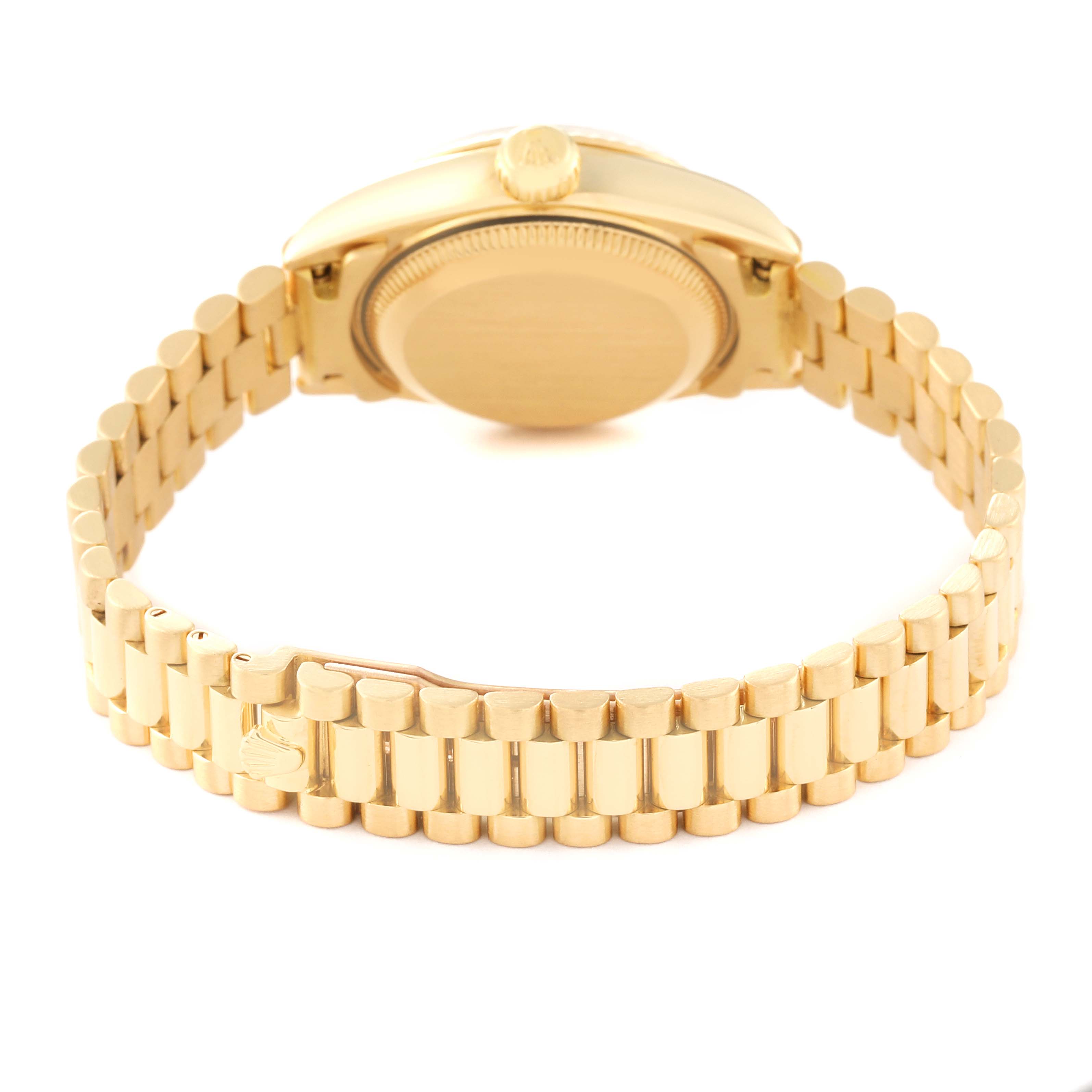 This image shows a Rolex President 69178G Women
s Yellow Gold Champagne Dial 69178G Women
s Yellow Gold Champagne Dial model watch from the rear, highlighting its band, clasp, case back, and crown.