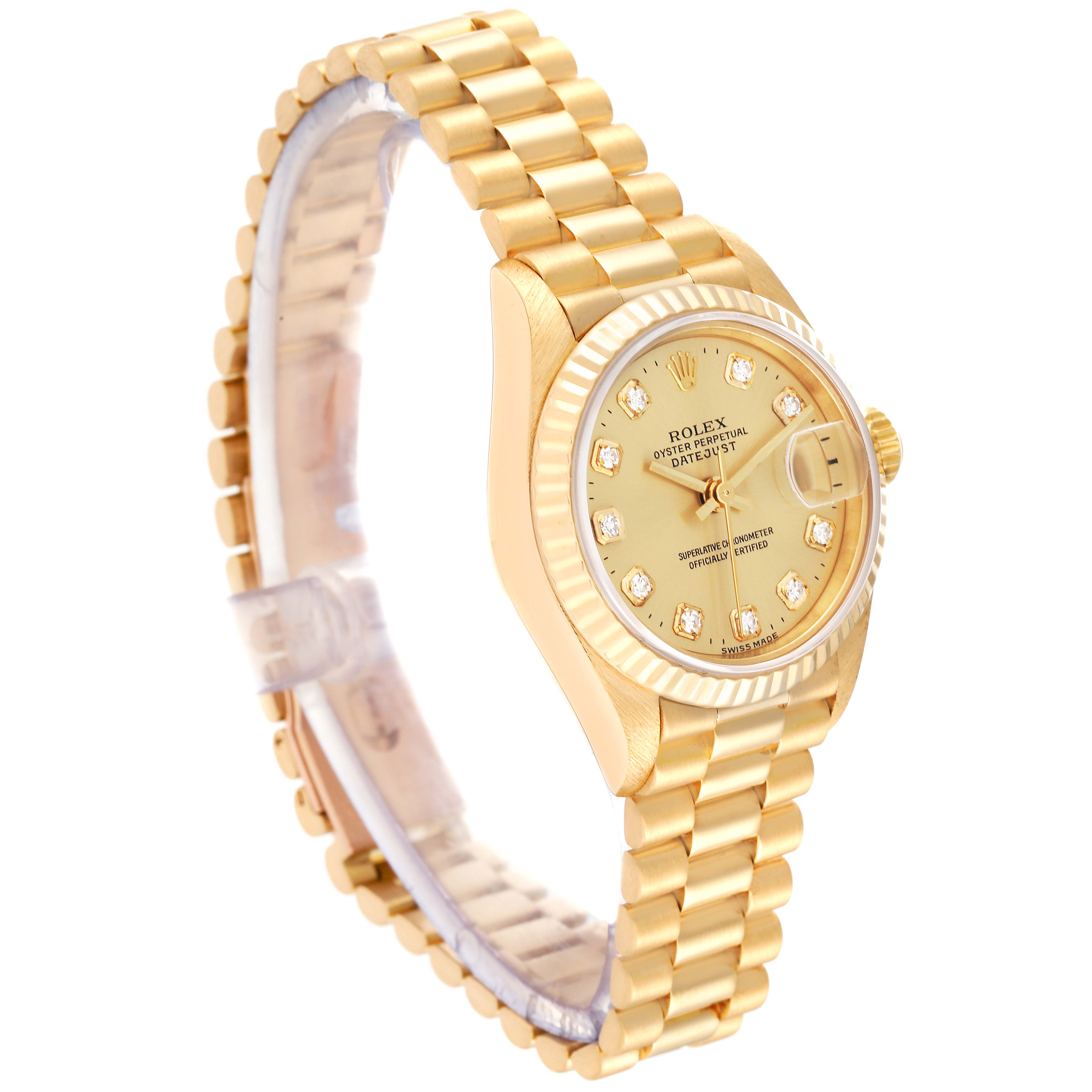 The Rolex President 69178G Women
s Yellow Gold Champagne Dial 69178G Women
s Yellow Gold Champagne Dial model watch is shown at a slight angle, highlighting its gold bracelet, fluted bezel, and diamond hour markers.