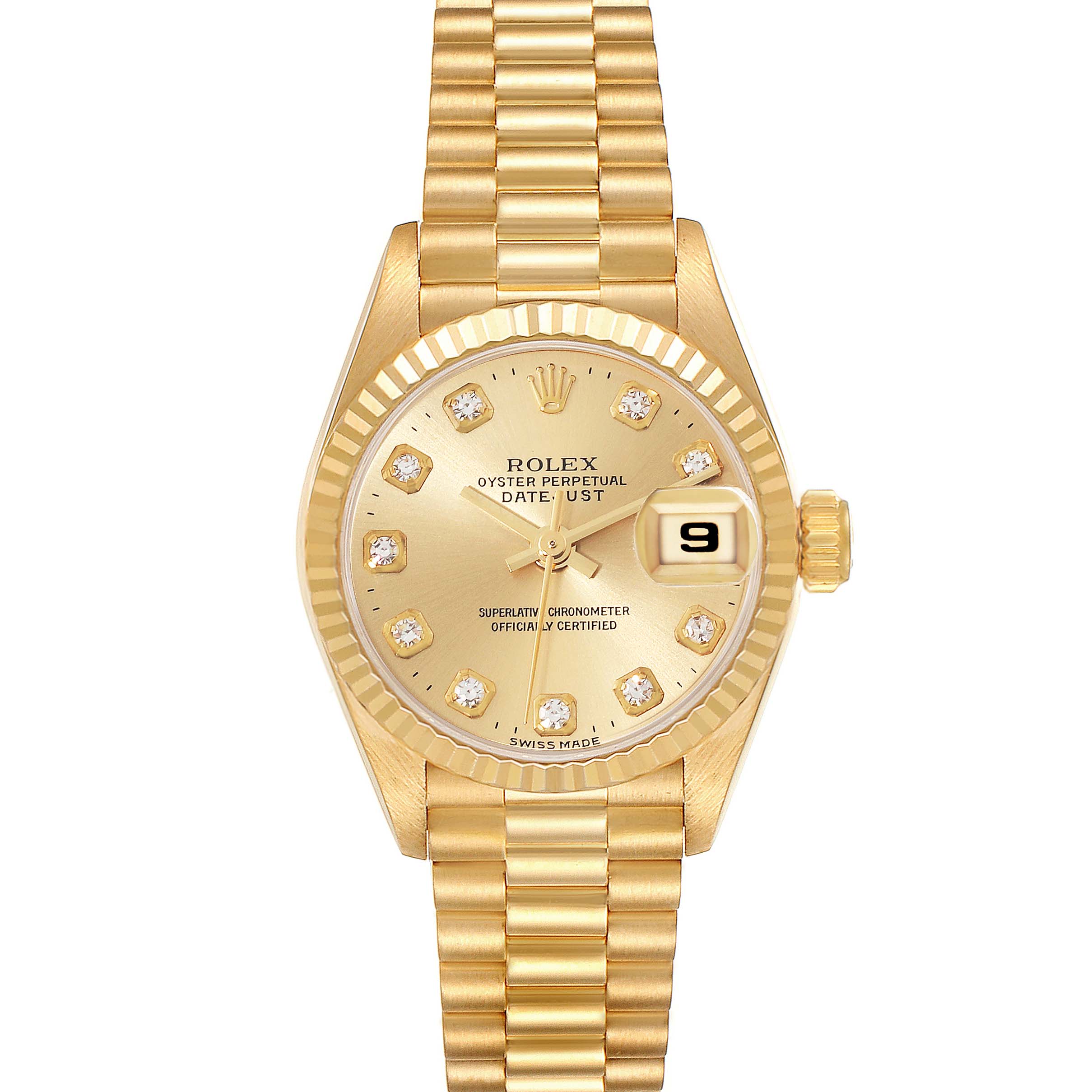 This image shows the front view of a Rolex President 69178G Women
s Yellow Gold Champagne Dial 69178G Women
s Yellow Gold Champagne Dial model, featuring its gold dial, date window, and bracelet.