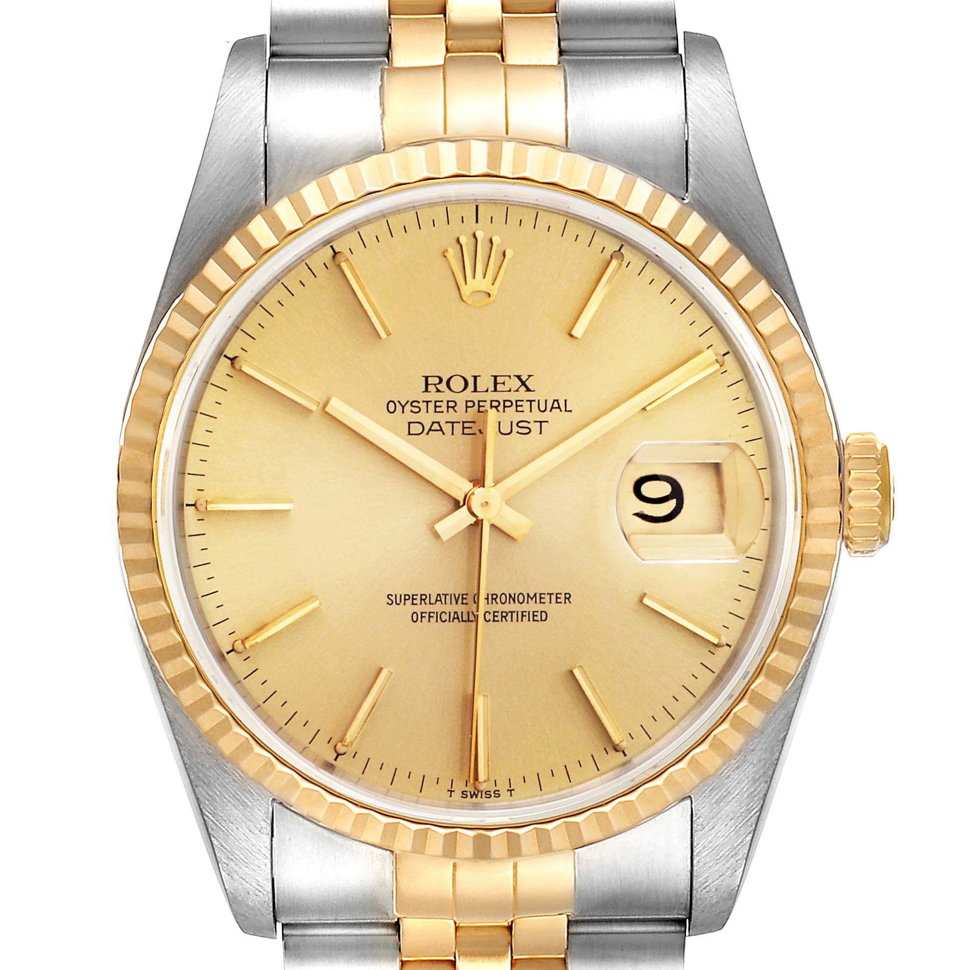 The image shows a front view of a Rolex Datejust 16233 Men's Steel and Gold (two tone) Champagne Dial 16233 Men's Steel and Gold (two tone) Champagne Dial watch, highlighting its gold and silver-tone bezel, dial, and bracelet.