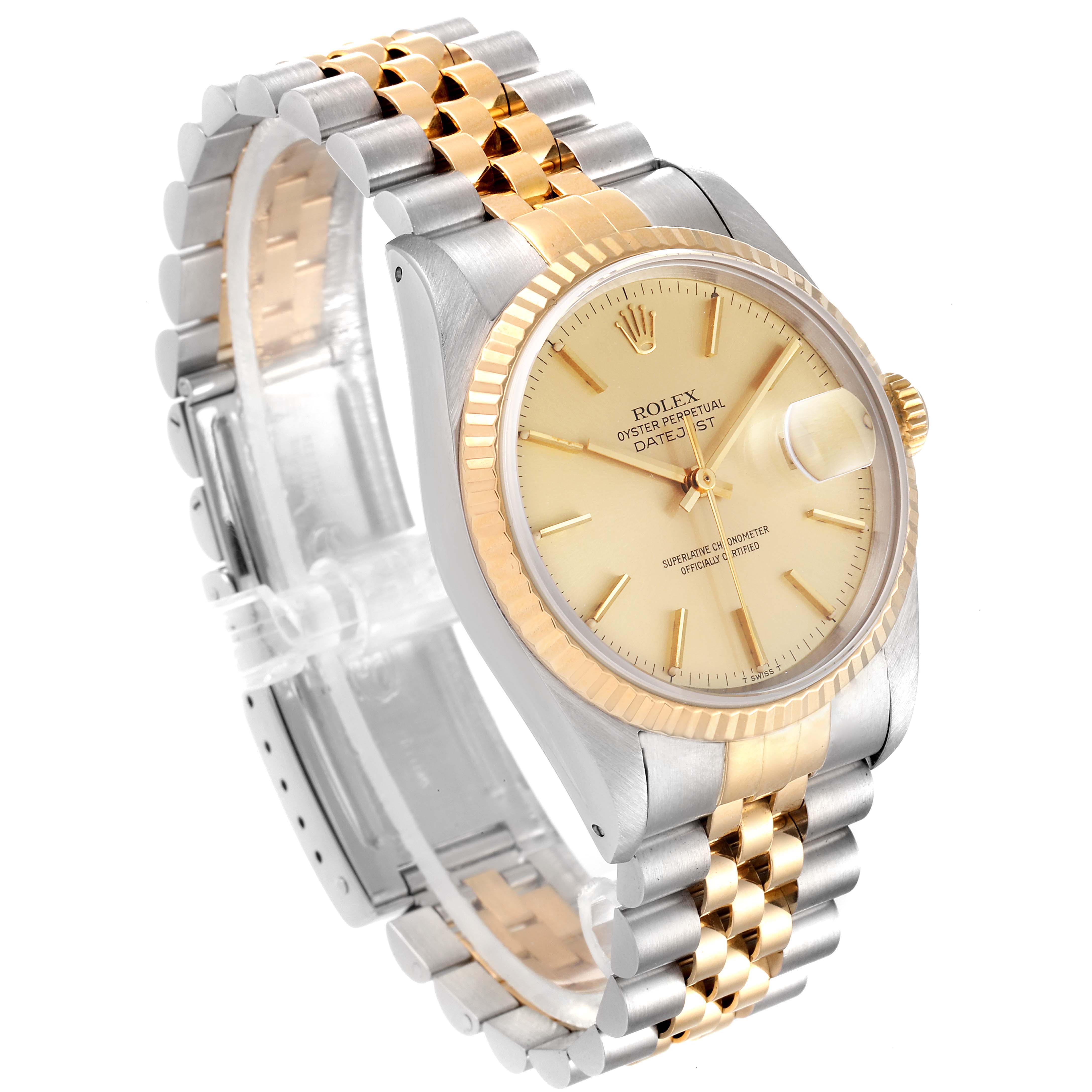 This image shows a Rolex Datejust 16233 Men's Steel and Gold (two tone) Champagne Dial 16233 Men's Steel and Gold (two tone) Champagne Dial watch at a three-quarter angle, highlighting the dial, bezel, and two-tone bracelet.