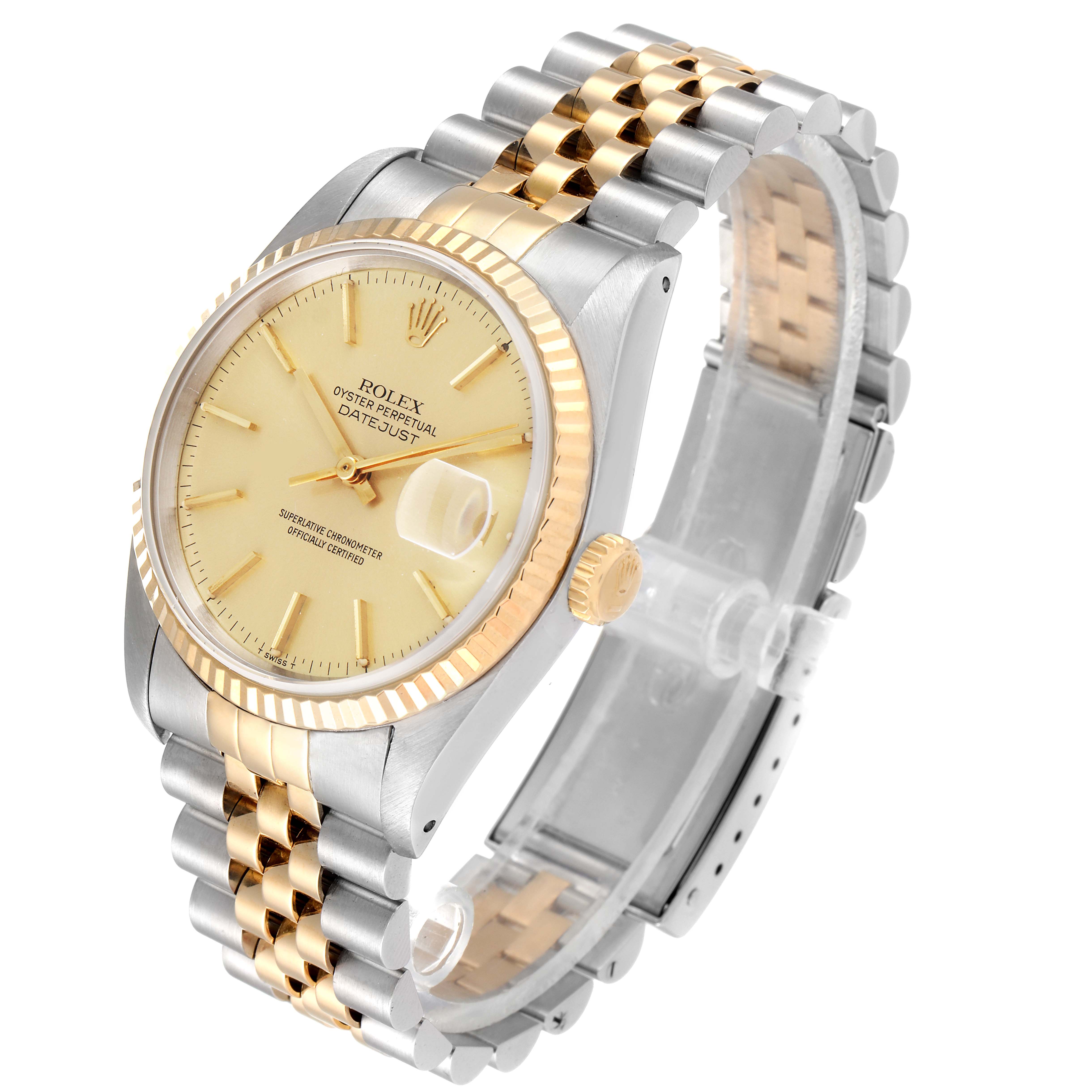 The Rolex Datejust 16233 Men's Steel and Gold (two tone) Champagne Dial 16233 Men's Steel and Gold (two tone) Champagne Dial watch is shown at a three-quarter angle, highlighting the dial, bezel, and bracelet.