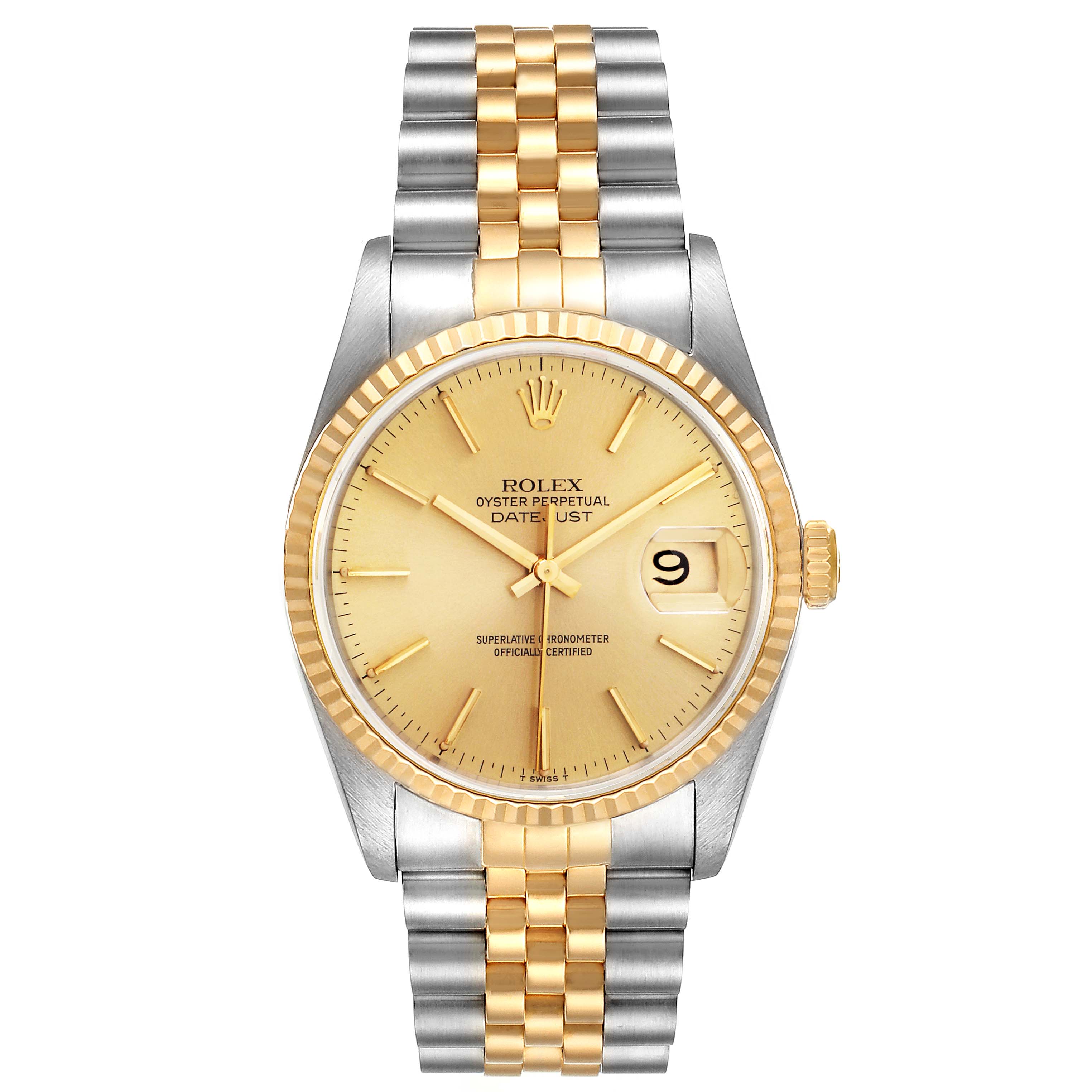The image shows a Rolex Datejust 16233 Men's Steel and Gold (two tone) Champagne Dial 16233 Men's Steel and Gold (two tone) Champagne Dial watch from a front angle, displaying the dial, bezel, crown, and two-tone bracelet.
