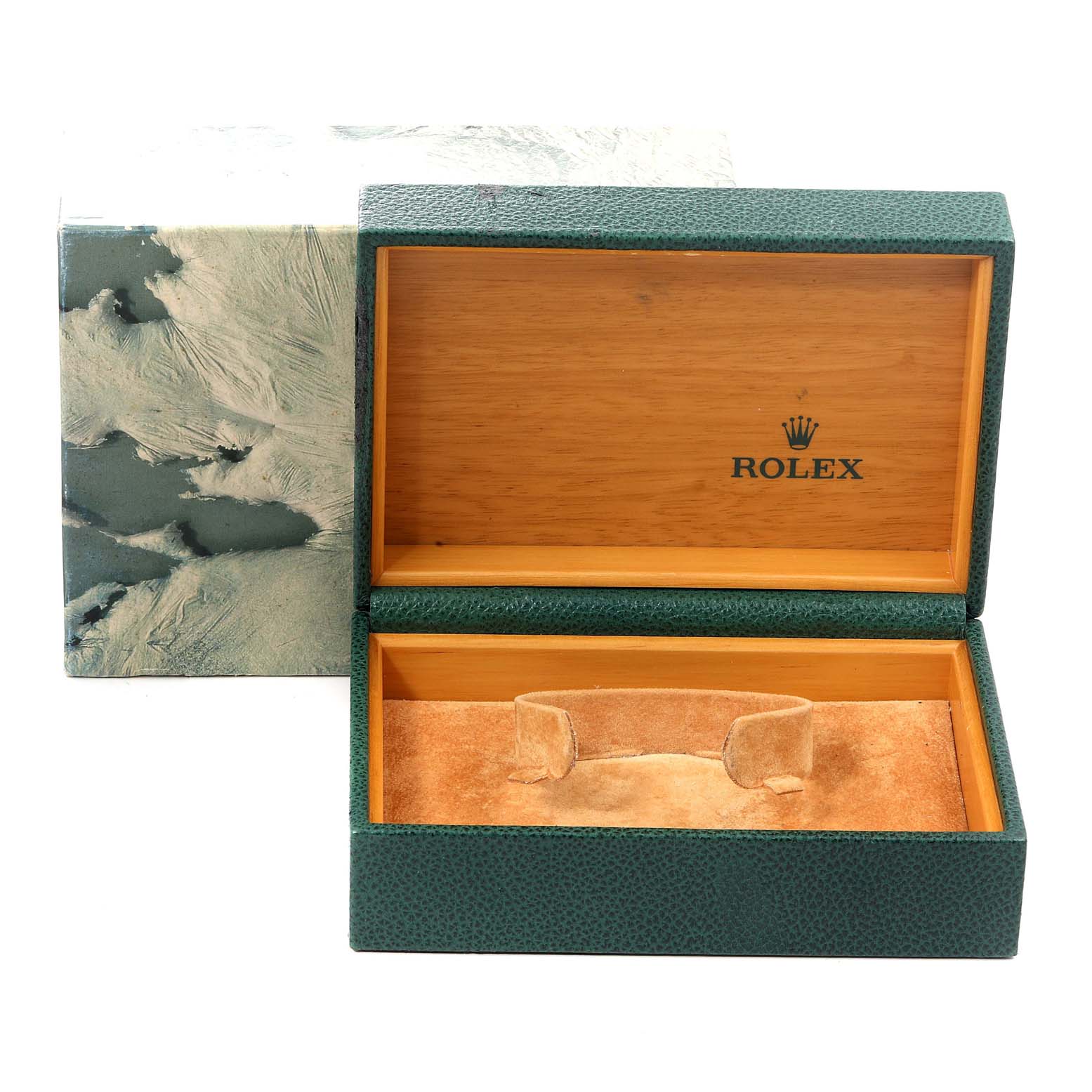 The image shows an open green textured box with wood interiors and "Rolex" branding for a Rolex Datejust 16233 Men's Steel and Gold (two tone) Champagne Dial 16233 Men's Steel and Gold (two tone) Champagne Dial watch.