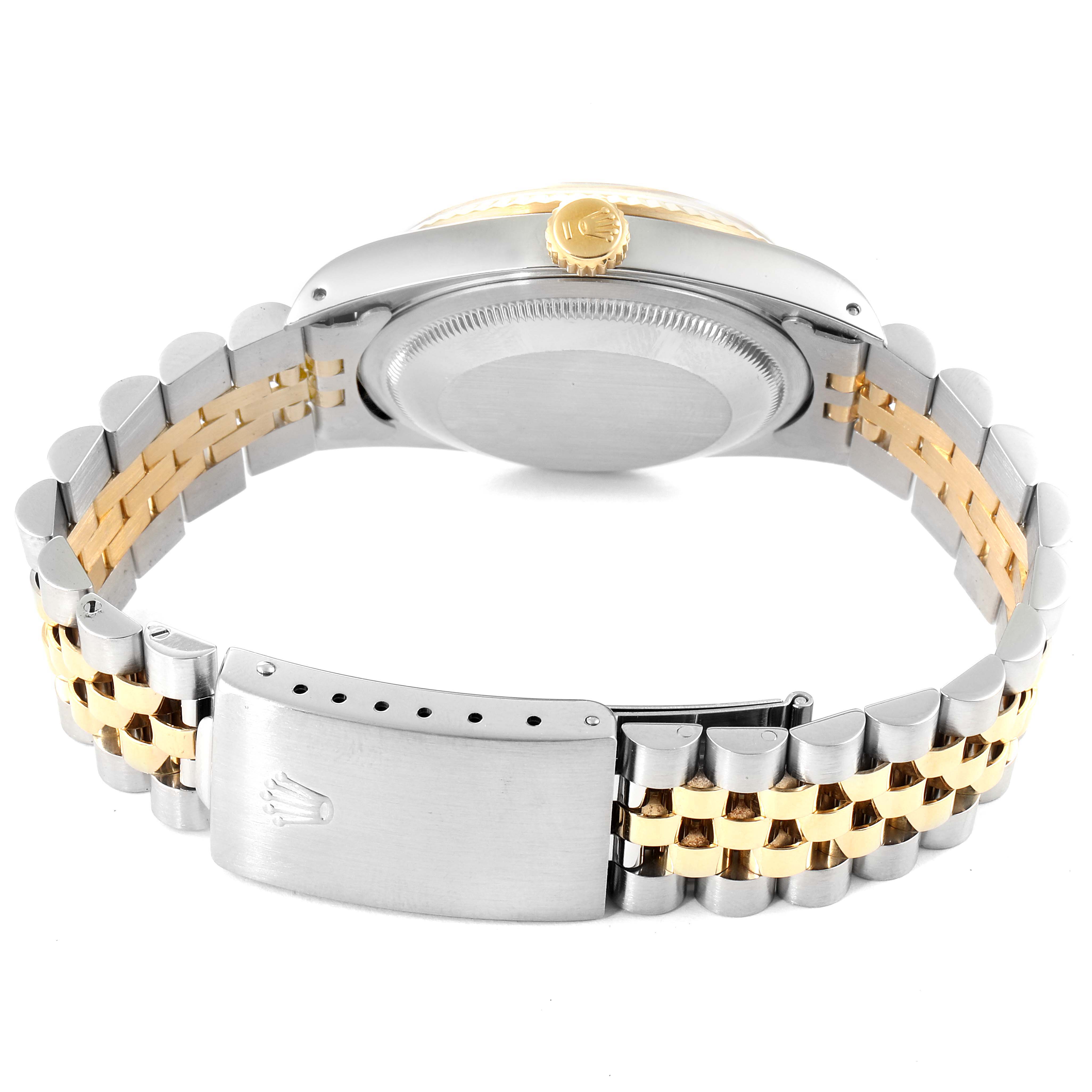 The image shows the back view of a Rolex Datejust 16233 Men's Steel and Gold (two tone) Champagne Dial 16233 Men's Steel and Gold (two tone) Champagne Dial watch, highlighting the clasp, case back, and two-tone bracelet.