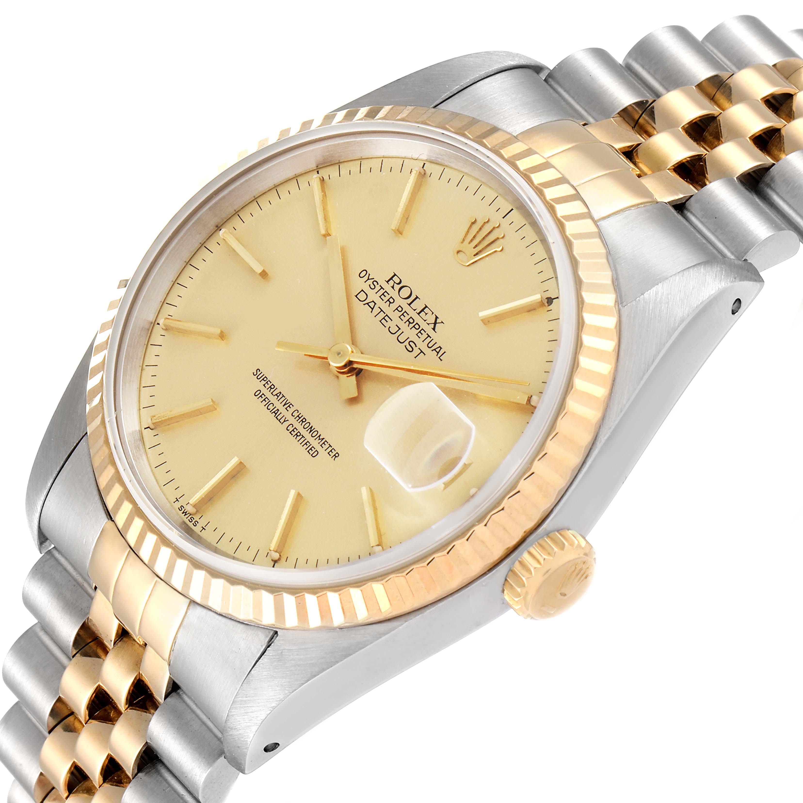 The image shows a Rolex Datejust 16233 Men's Steel and Gold (two tone) Champagne Dial 16233 Men's Steel and Gold (two tone) Champagne Dial watch at a slight angle, highlighting the face, bezel, and bracelet.