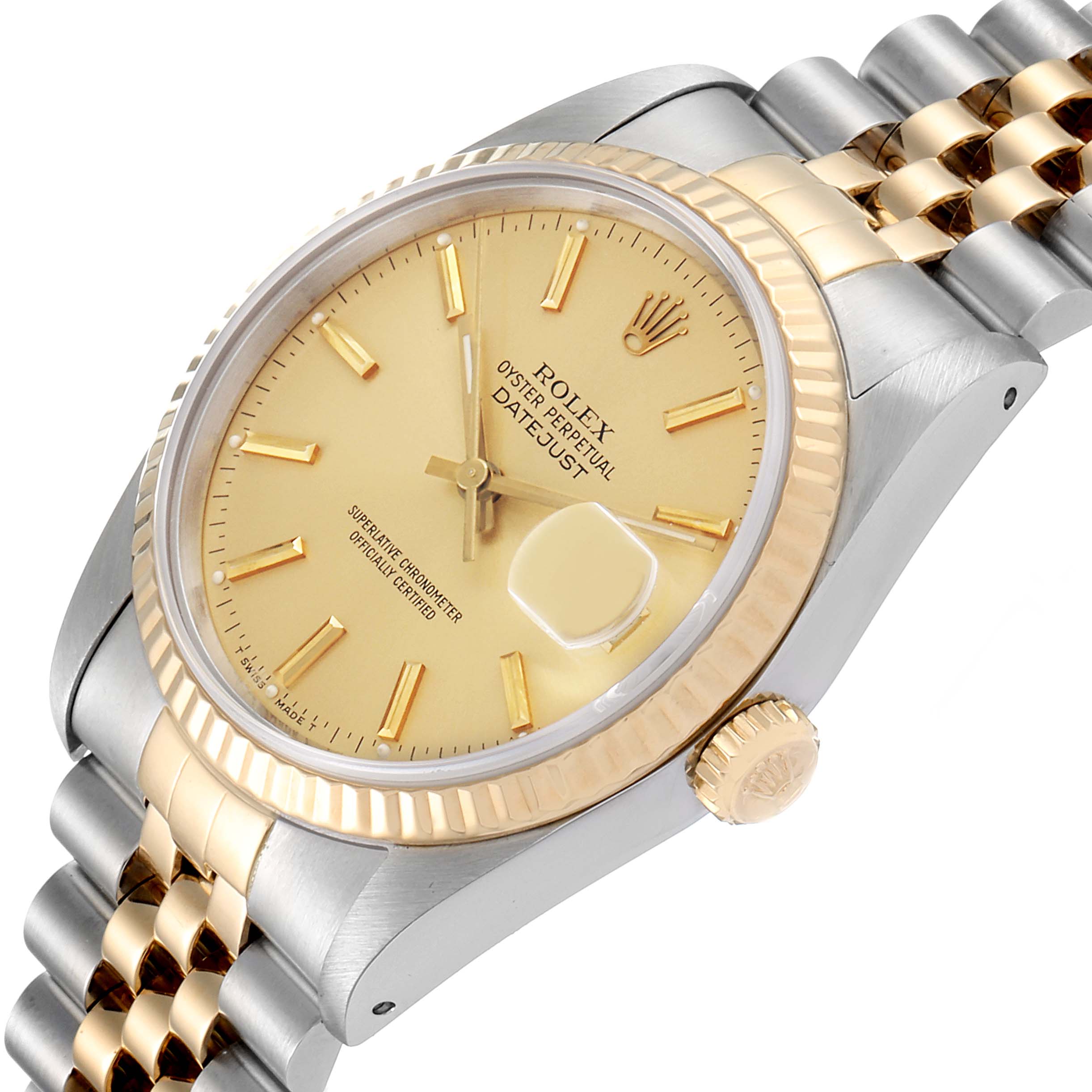 The image displays a Rolex Datejust 16233 Men's Steel and Gold (two tone) Champagne Dial 16233 Men's Steel and Gold (two tone) Champagne Dial watch at a tilted angle, showing its face, bezel, crown, and part of the bracelet.