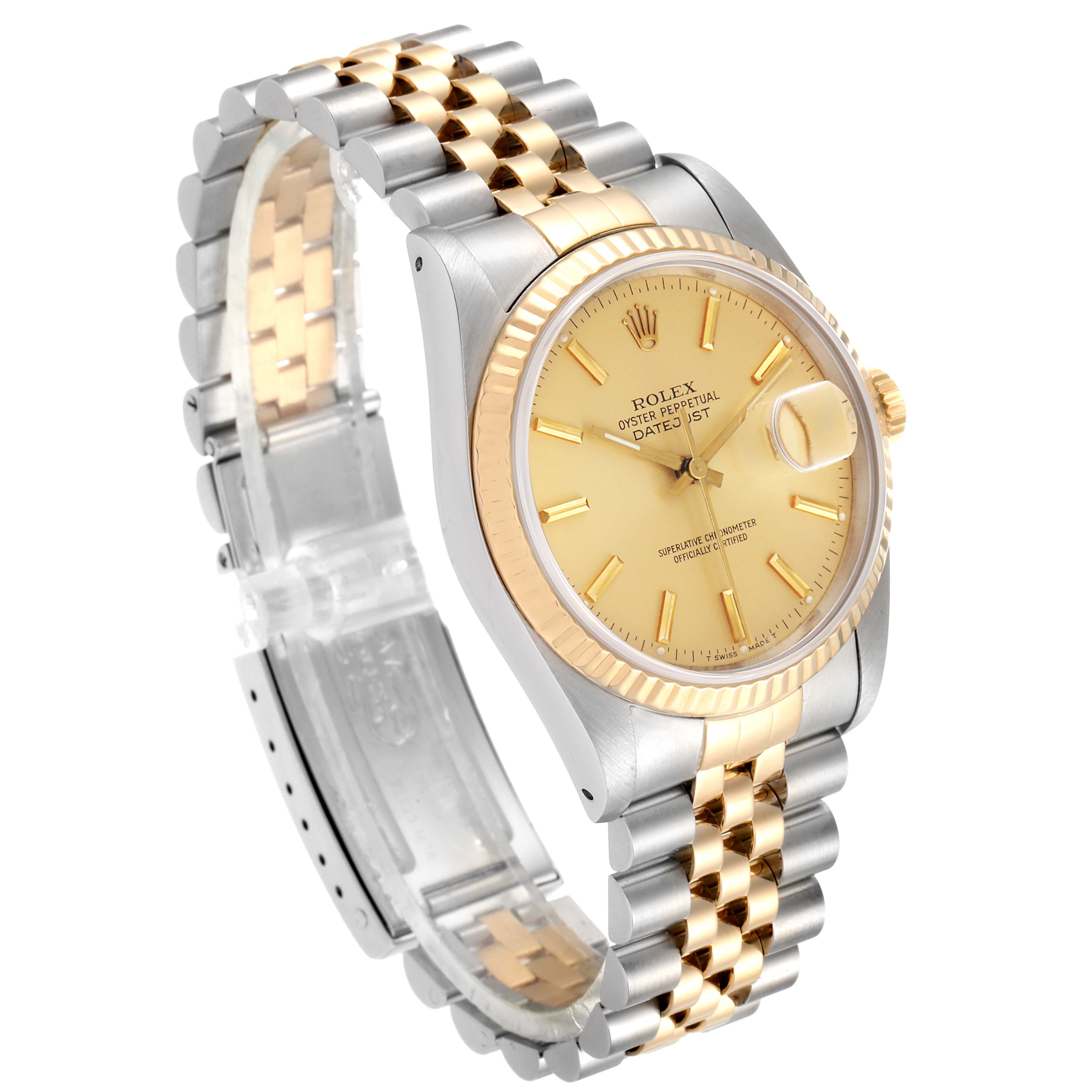 The Rolex Datejust 16233 Men's Steel and Gold (two tone) Champagne Dial 16233 Men's Steel and Gold (two tone) Champagne Dial watch is shown at a three-quarter angle highlighting its gold and silver bracelet, fluted bezel, and champagne dial.