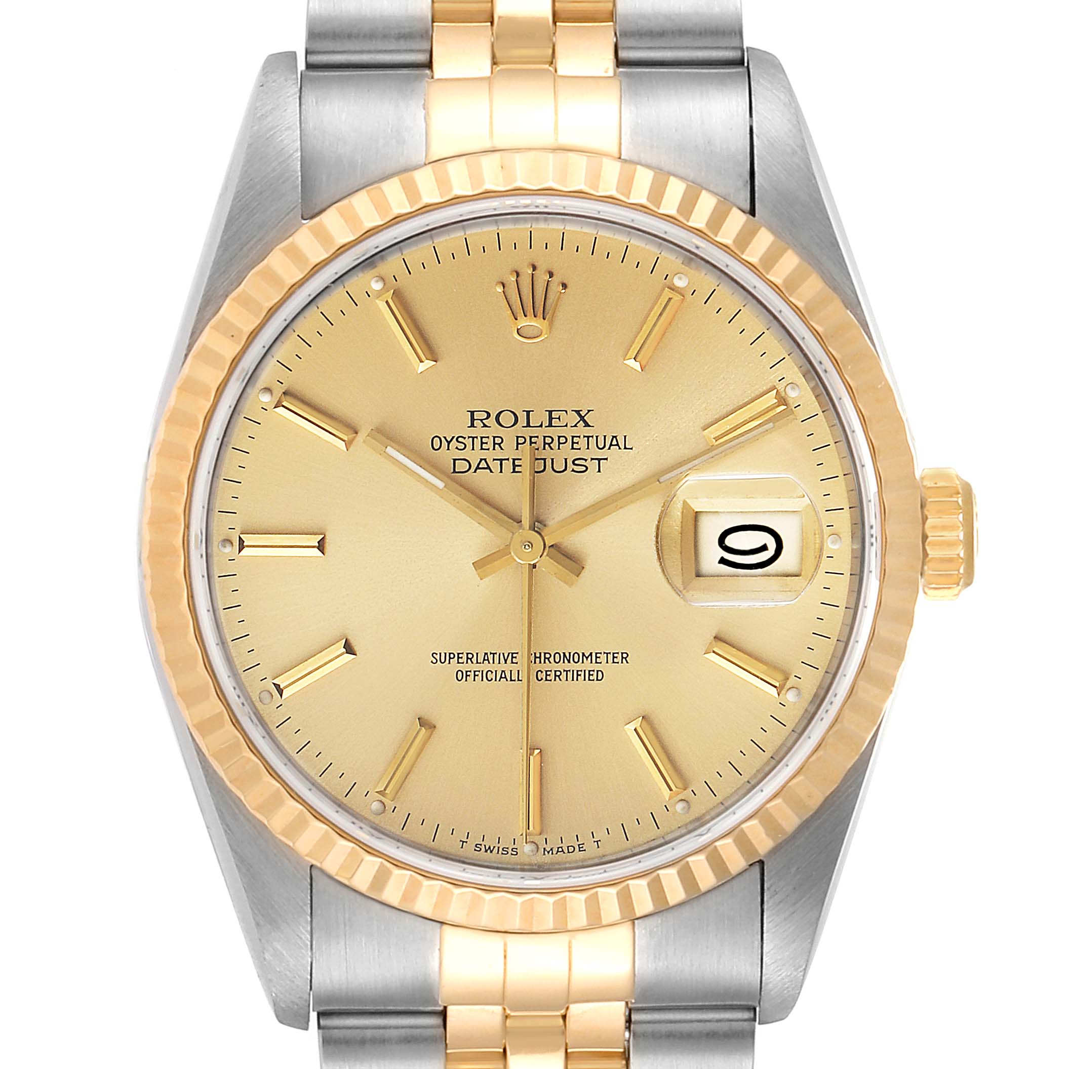 This image shows a frontal view of the Rolex Datejust 16233 Men's Steel and Gold (two tone) Champagne Dial 16233 Men's Steel and Gold (two tone) Champagne Dial watch, highlighting the dial, bezel, and bracelet.