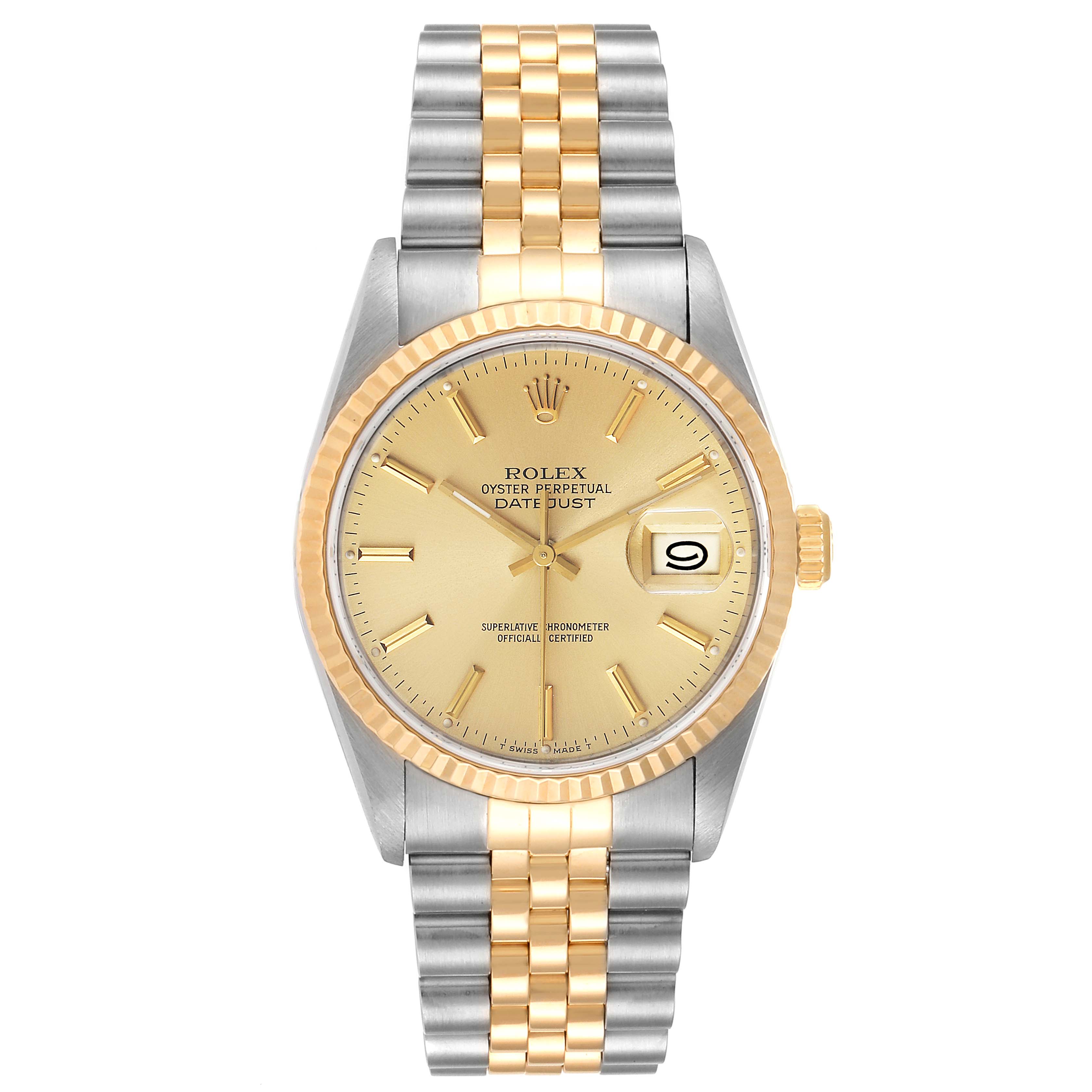 This image shows a front view of a Rolex Datejust 16233 Men's Steel and Gold (two tone) Champagne Dial 16233 Men's Steel and Gold (two tone) Champagne Dial watch, highlighting its gold face, date window, and two-tone bracelet.